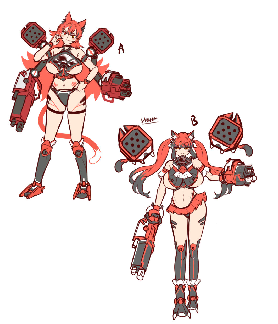 2024 2girls armored_femalemidriff battlemech battletech bellybutton big_breasts black_hair cat_ears cat_girl clan_(battletech) concept_art female kneehighs larger_version_at_source long_hair mad_cat_(battlemech) mech mecha mechagirl mechwarrior navel oerba_yun_fang orange_eyes panties red_eyes red_hair shikai_(artist) short_skirt skirt snaggle_tooth tagme tail twintails