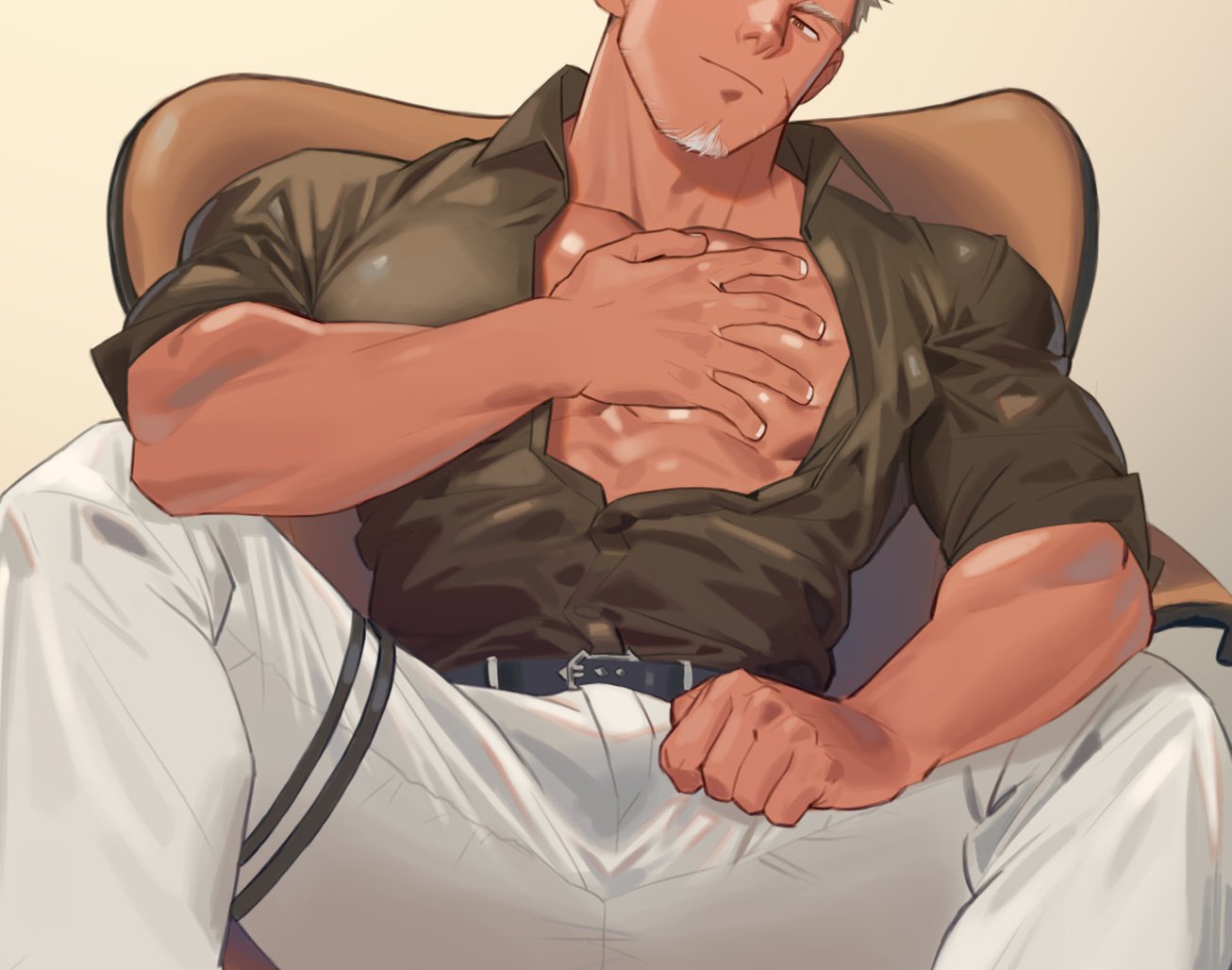 1boy bara bare_pectorals bulge cocky daddy large_pectorals male male_focus male_only manly muscular muscular_male original pants pectorals short_hair thick_eyebrows yaoi youchi123