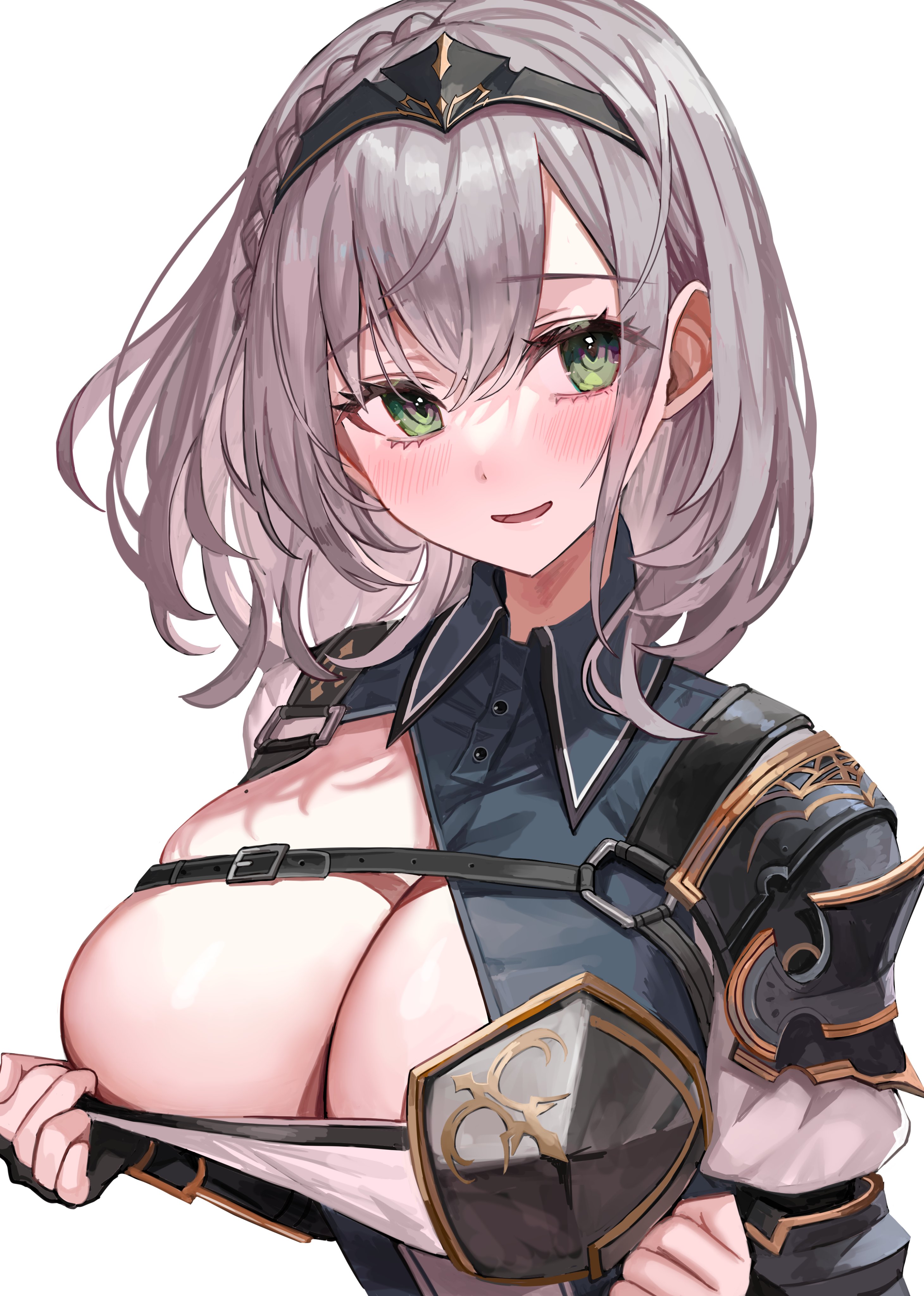 absurdres, armor, blush, bob cut, breasts, cleavage, female, green eyes, grey hair, highres, hololive, hololive fantasy, hololive japan, large breasts, looking at viewer, medium hair, mole, mole on breast, parted lips, rum raisin (chihiromakita19), shiny skin, shirogane noel, smile, solo, tiara, upper body, virtual youtuber, white background, wholesome