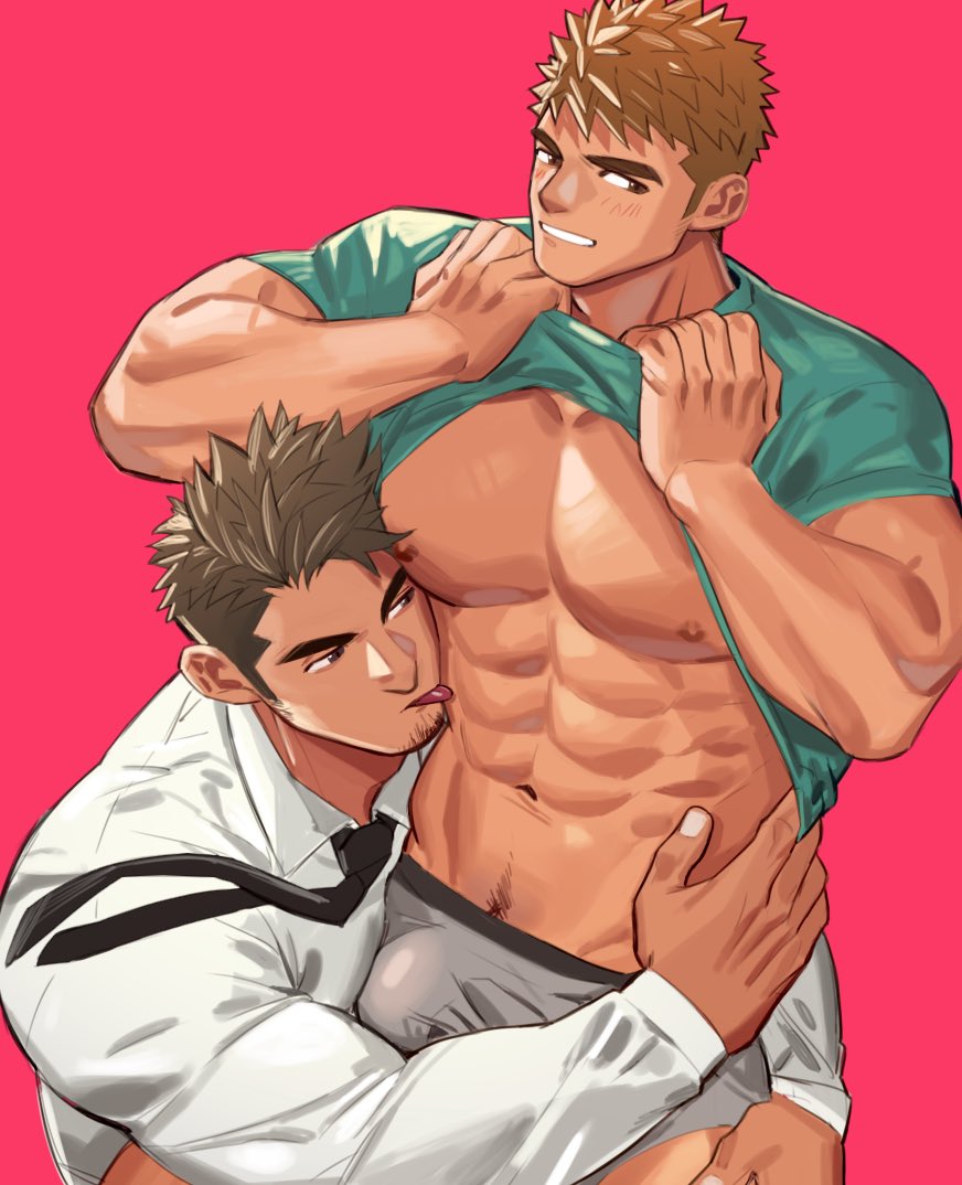 2boys bara bare_pectorals boxers_(clothing) bulge large_pectorals male male_focus male_only muscular muscular_male original pectorals short_hair thick_eyebrows yaoi youchi123