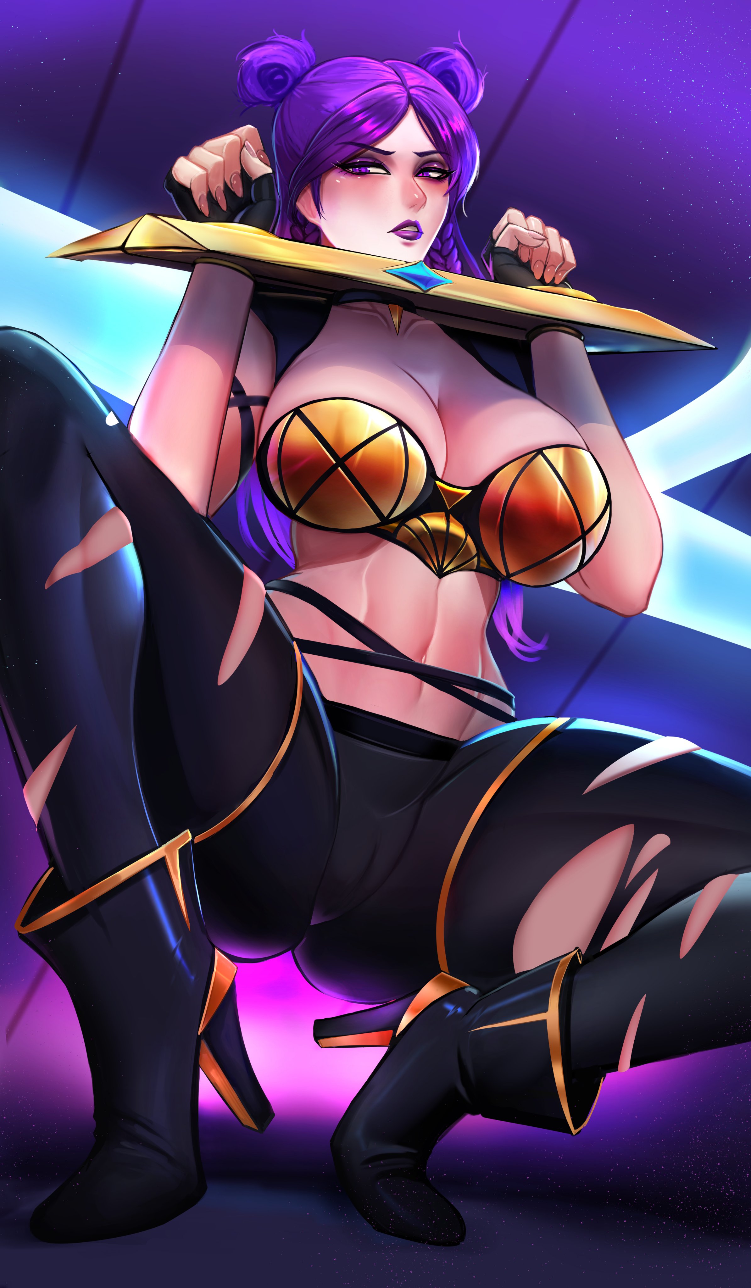 1girls, 2024, badcompzero, big breasts, blush, breasts, clothed, clothed female, clothing, female, female only, high heels, k/da all out kai'sa, k/da series, kai'sa, league of legends, league of legends: wild rift, light skin, light-skinned female, makeup, pale skin, pale-skinned female, pillory, purple eyes, purple hair, purple lipstick, pussy, pussy visible through clothes, riot games, squatting, tagme, thick thighs