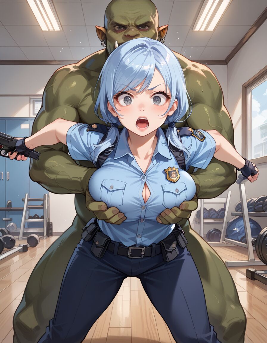 ai_generated blue_hair breast_grab breasts button_gap from_behind goblin goblin_male gym historyia original original_character police_uniform policewoman twintails witch_gem_disaster