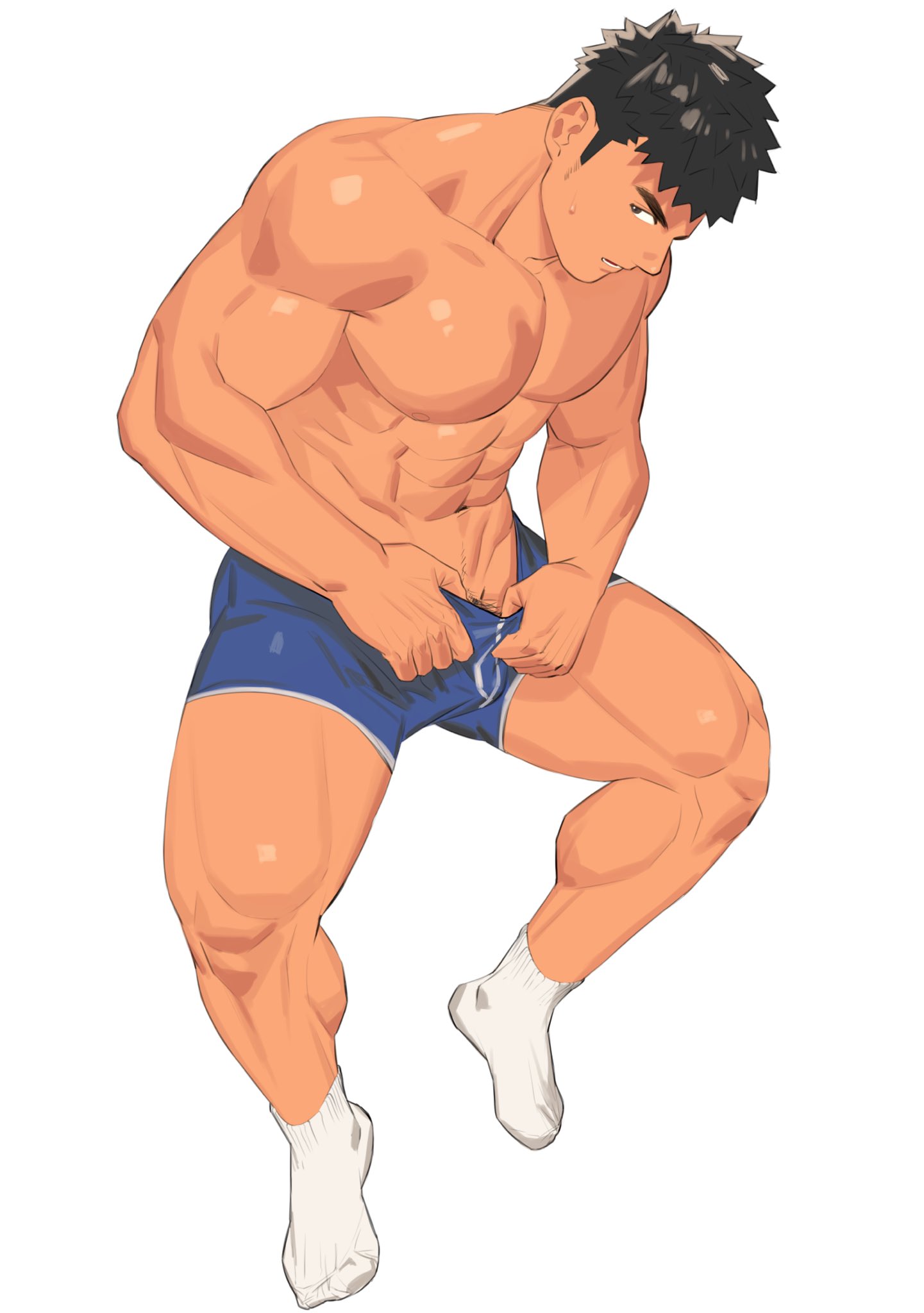 1boy bara bare_pectorals large_pectorals male male_focus male_only muscular muscular_male original pectorals short_hair shorts thick_eyebrows yaoi youchi123