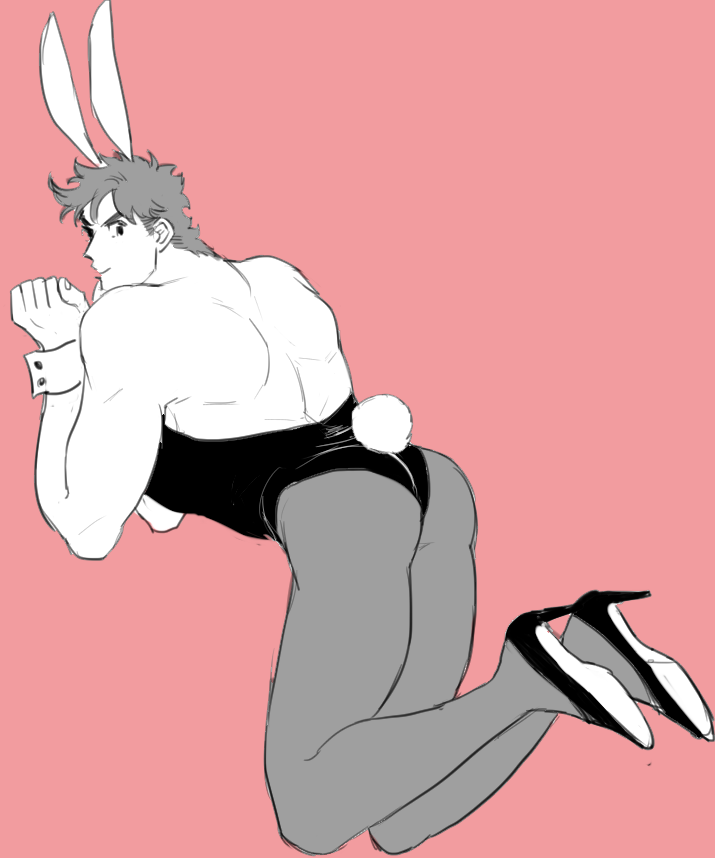 1boy ass battle_tendency bunny_boy bunny_ears bunny_tail bunnysuit jojo's_bizarre_adventure joseph_joestar looking_at_viewer looking_back male male_only nakaji