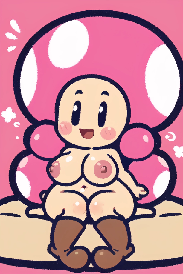 :d ai_generated black_eyes blush boots breasts brown_boots curvy female happy happy_female indoors mario_(series) naked nintendo nude pink_background pixai short shortstack simple_background sitting smile smiling solo super_mario_bros. thick thick_thighs toadette