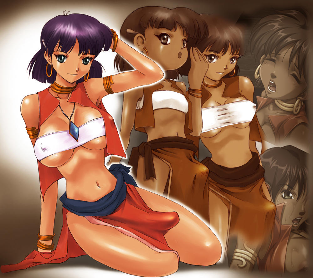 1futa 2003 bandeau bandeau_bikini breasts bulge curvaceous dark-skinned_futanari dark_skin earrings erect_nipples erection erection_under_clothes fushigi_no_umi_no_nadia futanari gainax gravity_work_x human intersex jewelry large_breasts looking_at_viewer multiple_views nadia_la_arwall nipple nipples pendant penis princess purple_hair short_hair solo tubetop vest wide_hips