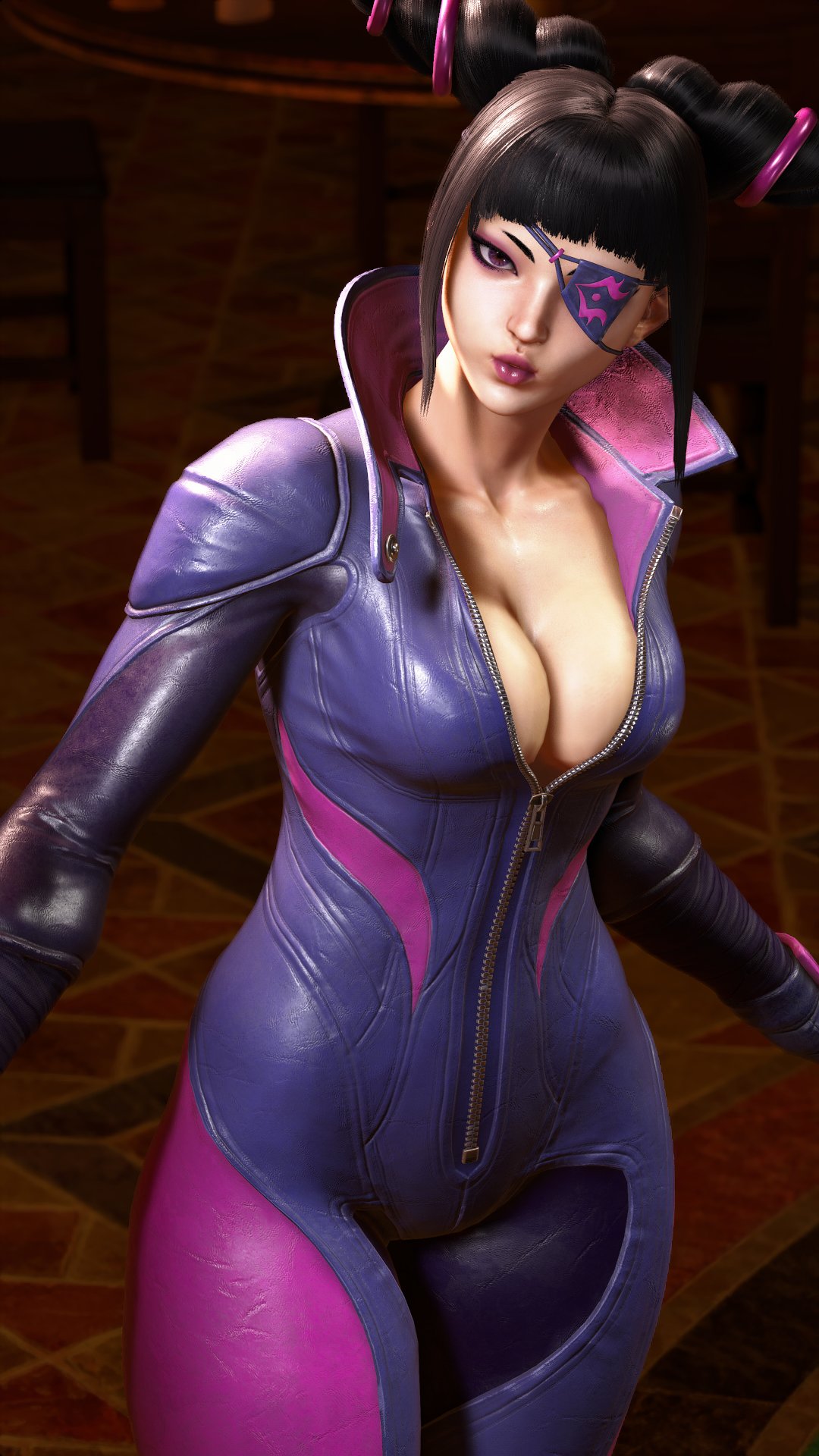 3d 3d_(artwork) cleavage eyepatch juri_han lipstick sf_screenshot street_fighter street_fighter_6