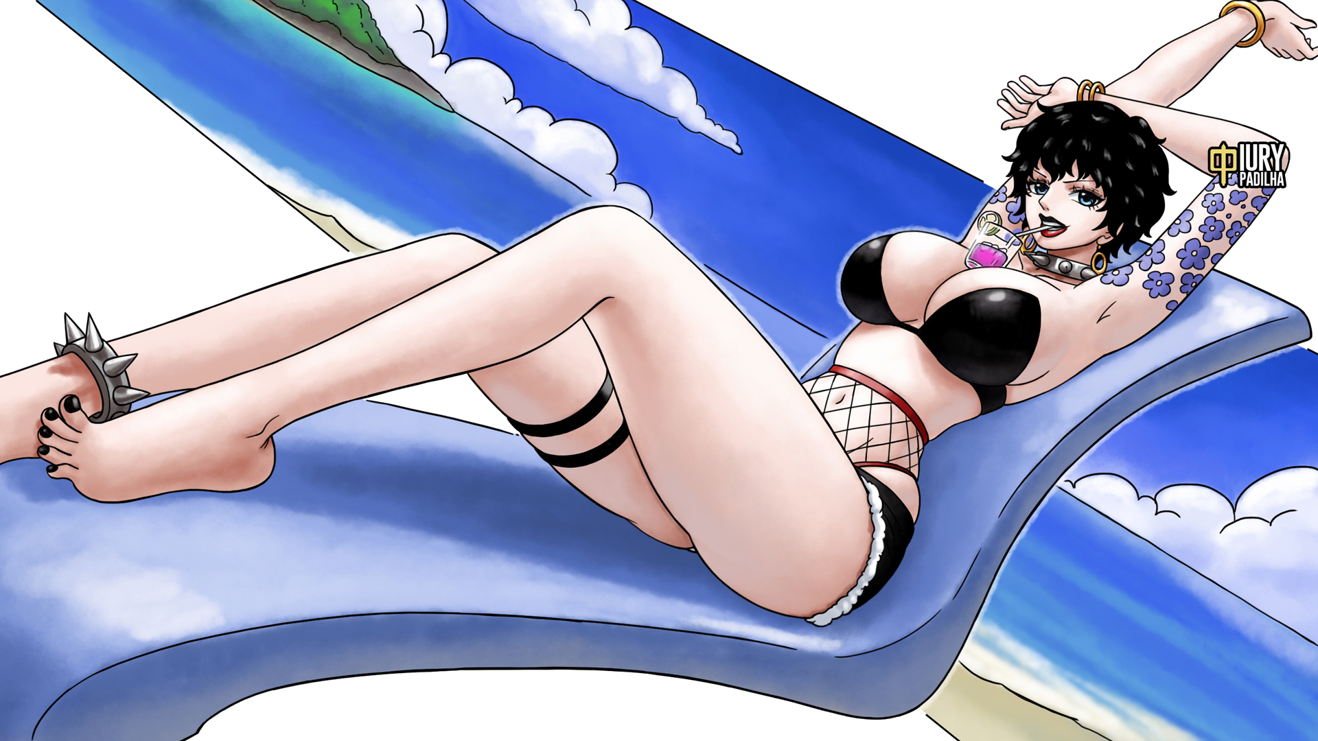 1girls, ankle bracelets, ankle spikes, arm bracelets, armpits, arms up, bare arms, bare legs, bare shoulders, bare thighs, beach, belly button, big breasts, bikini, bikini bottom, bikini top, black bikini, black bikini top, black fingernails, black hair, black shorts, black-haired female, blue chair, blue eyes, blue tattoo, blue-eyed female, bracelet, bracelets, breasts, cleavage, clothed, clothing, clouds, collar, collarbone, color, doll (one piece), drinking, earrings, eyebrows, eyelashes, feet, female, female focus, female only, fishnets, fit, fit female, flower tattoo, fully clothed, glass, glass cup, gold bracelets, gold earrings, hi res, iury padilha, large breasts, light skin, light-skinned female, lipstick, looking at viewer, metal collar, nail polish, one piece, painted nails, painted toenails, posing, posing for the viewer, revealing clothes, sand, sea, seaside, seductive, seductive eyes, seductive look, seductive mouth, seductive pose, seductive smile, shiny clothes, short hair, short-haired female, shorts, shounen jump, sitting, sitting on chair, sky, solo, solo female, spiked collar, stretching, stretching arms, tattoo on arm, tattooed arm, tattoos, thick thighs, voluptuous, voluptuous female, water, watermark