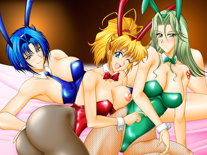 3girls animal_ears arm_support armpits ass banpresto bare_shoulders bed blonde_hair blue_eyes blue_hair blush bowtie breast_press breast_slip breasts bunny_costume bunny_ears bunny_girl bunnygirl bunnysuit cleavage detached_collar excellen_browning female fishnet_pantyhose fishnets green_eyes green_hair happy lamia_loveless large_breasts legs long_hair lying multiple_girls mutsuya necktie nipple nipples one_breast_out one_eye_closed open_mouth pantyhose poking ponytail short_hair shy smile source_request super_robot_wars super_robot_wars_og_the_inspector super_robot_wars_original_generation tattoo tied_hair viletta_badam viletta_vadim wink wrist_cuffs yuri