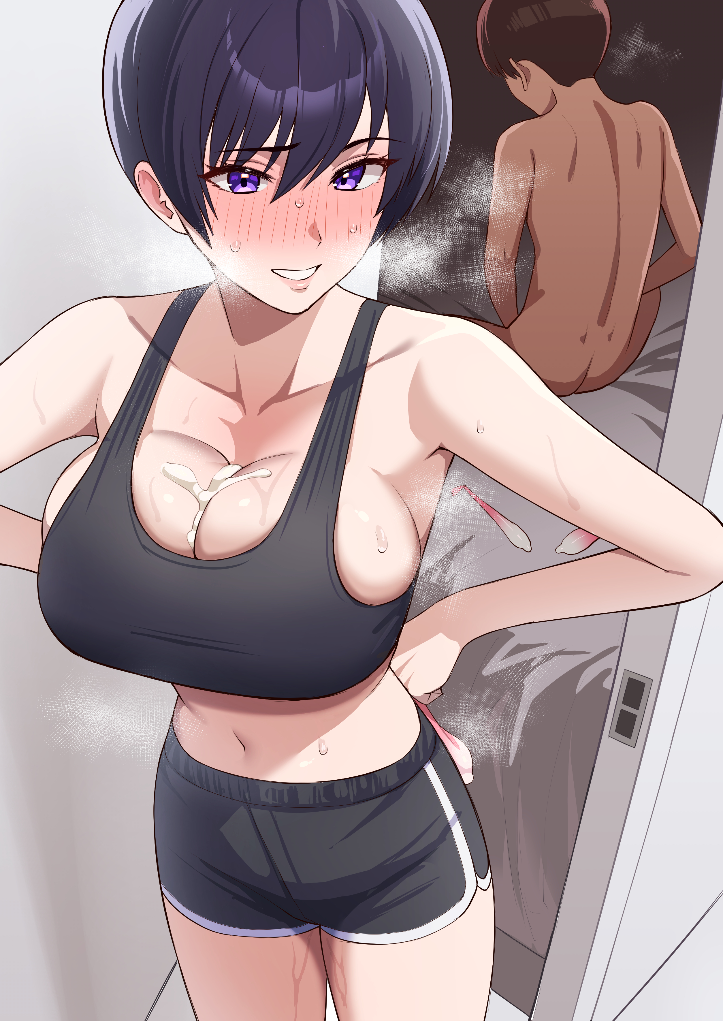 1boy, 1girls, absurdres, aftersex, black hair, black shorts, black sports bra, blush, breasts, c-kyuu, cfnm, cleavage, clothed female nude male, collarbone, commentary, condom, cowboy shot, crop top, cum, cum on body, cum on breasts, cum on upper body, dolphin shorts, doorway, hands on own hips, hetero, highres, holding, holding condom, implied after sex, large breasts, male ass, male ass focus, male butt, male butt focus, midriff, navel, nude, only one naked, original, parted lips, purple eyes, short hair, shorts, smile, solo focus, sports bra, standing, steaming body, sweat, used condom