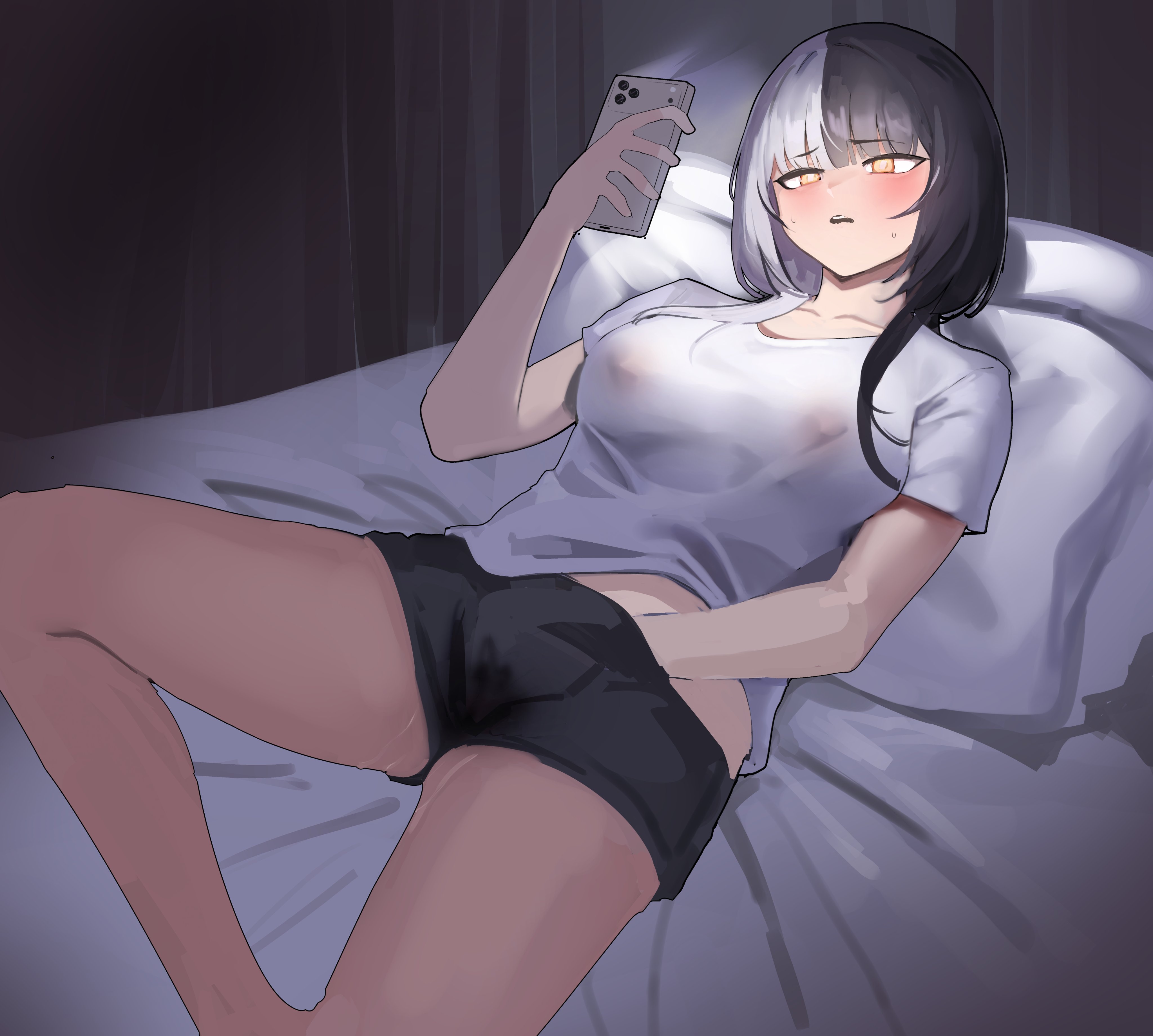 1girls, black hair, blush, cellphone, feet out of frame, female, female masturbation, female only, hand in pants, holding phone, hololive, hololive english, hololive english -advent-, indoors, laying down, laying on bed, long hair, lying down, lying on bed, masturbation, multicolored hair, nipples, nipples visible through clothing, shiori novella, shirt, shorts, smartphone, sweat, sweatdrop, virtual youtuber, watching porn, white hair, yellow eyes, yotahen, yotamono