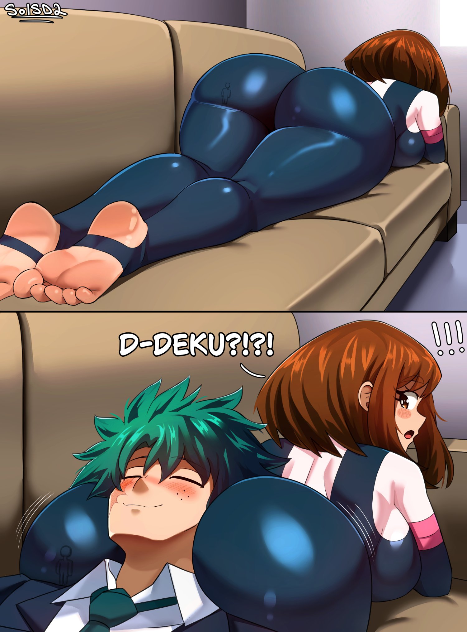 1boy, 1girls, 2d, ass, big ass, bodysuit, boku no hero academia, brown hair, clothed, clothed female, couch, female, female focus, green hair, hero outfit (mha), human, human female, izuku midoriya, light skin, light-skinned female, light-skinned male, lying, lying down, lying on back, lying on person, lying on stomach, male, my hero academia, my hero academia (finale), ochako uraraka, ochako uraraka (hero outfit), post-timeskip, sol-sama d2, stirrup legwear, superheroine, tagme, thick thighs, thighs
