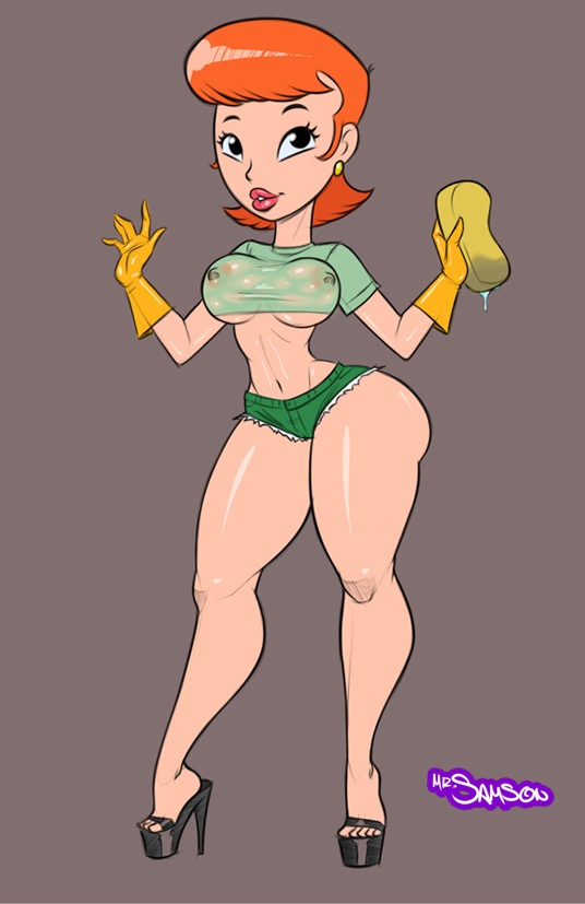 black eyes, breasts, dexter's laboratory, dexter's mom, english text, female, gloves, high heels, large breasts, latex, latex gloves, lipstick, orange hair, plain background, samson 00, see-through, short hair, solo, teeth, text, yellow gloves