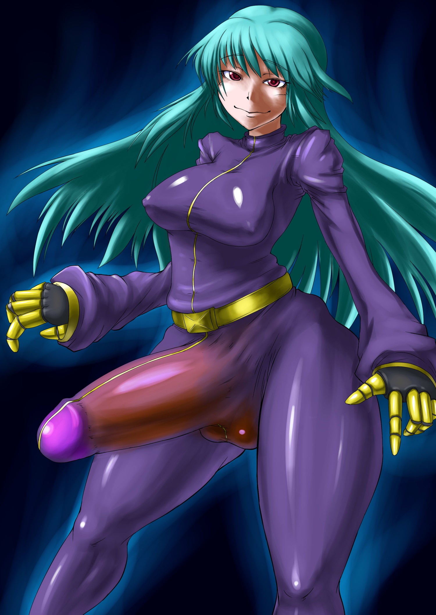 1futa, aqua hair, balls, black background, breasts, bulge, dickgirl, erect nipples, erection, futa only, futanari, highres, huge cock, human, impossible clothes, impossible clothing, impossible shirt, intersex, intersex only, king of fighters, kula diamond, latex, long hair, looking at viewer, nipples, penis, red hair, skin tight, smile, snk, solo, standing, testicles, wrong (artist)