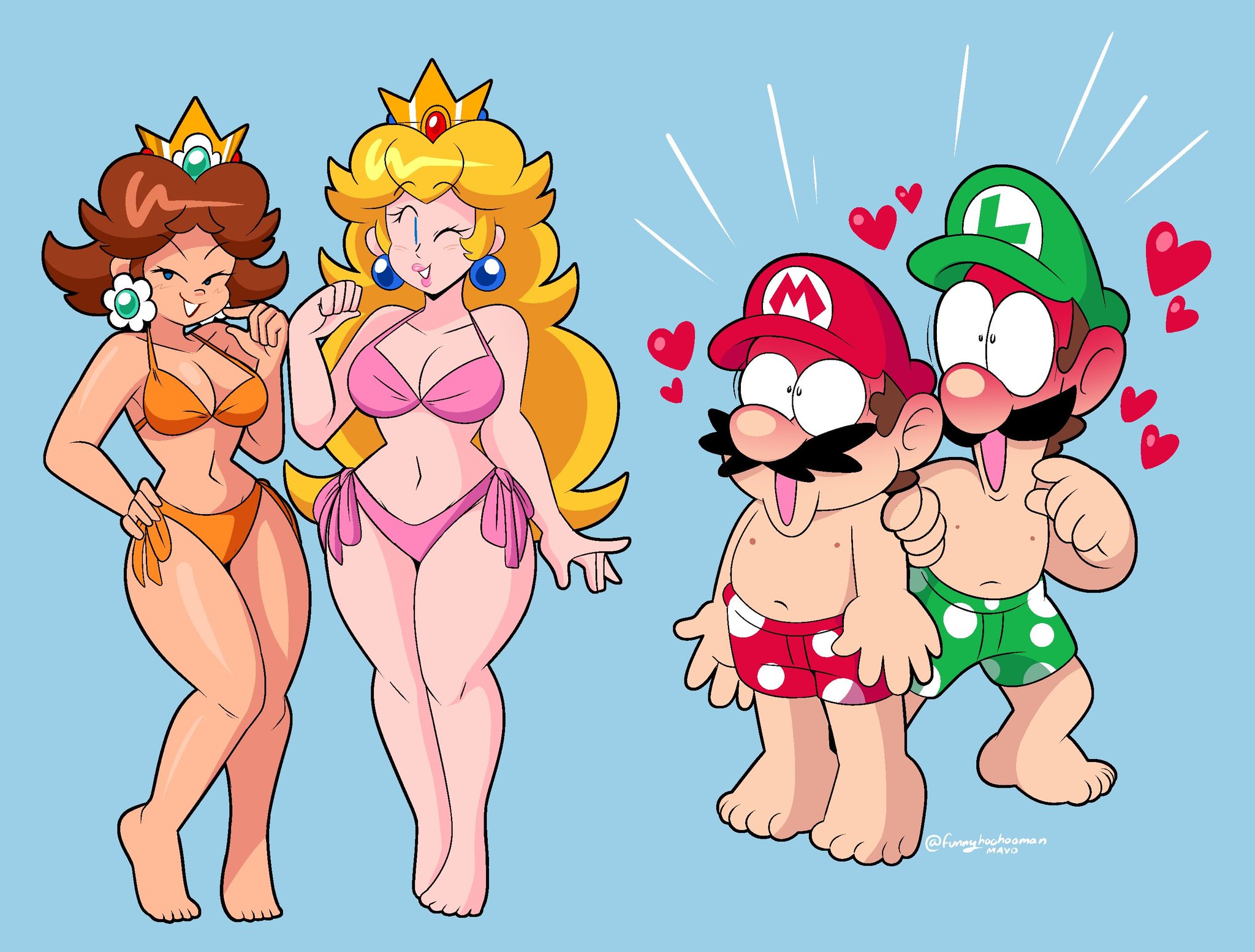2boys, 2girls, aroused, baseball cap, bathing suit, big breasts, bikini, blonde hair, blushing, breasts, brown hair, clothed, crown, funnyhoohooman, hearts, luigi, mario, mario (series), mustache, nintendo, nipples, pale skin, princess daisy, princess peach, shirtless, shirtless male, swimming trunks, swimsuit, tan skin, turned on