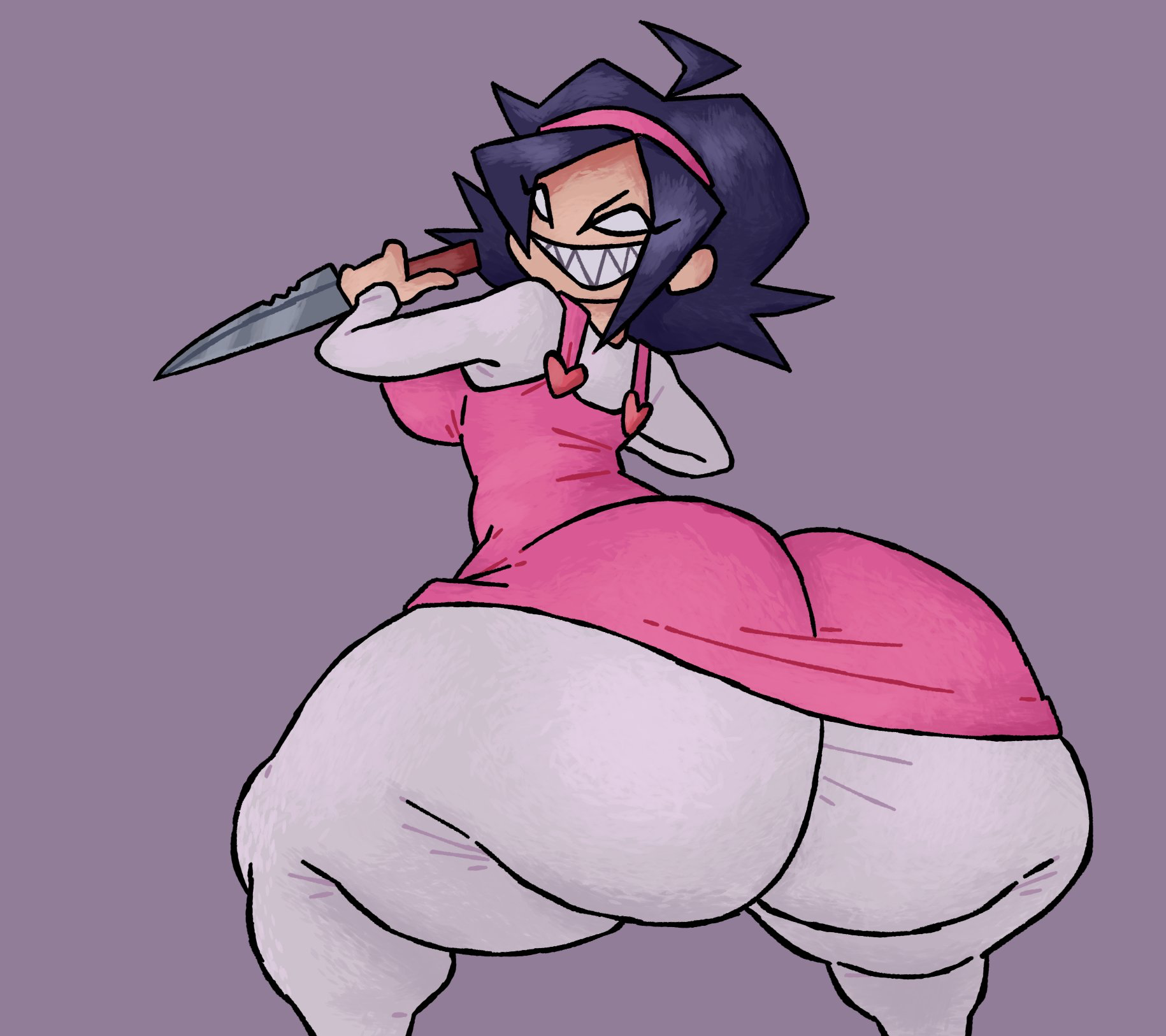 1girls, ass, ass focus, black hair, clothed, clothed female, female, female only, friday night funkin, holding, holding knife, huge ass, knife, looking at viewer, looking back, moistpistachio, nene (newgrounds), newgrounds, rear view, short hair, smile, solo, solo female, squatting, weapon