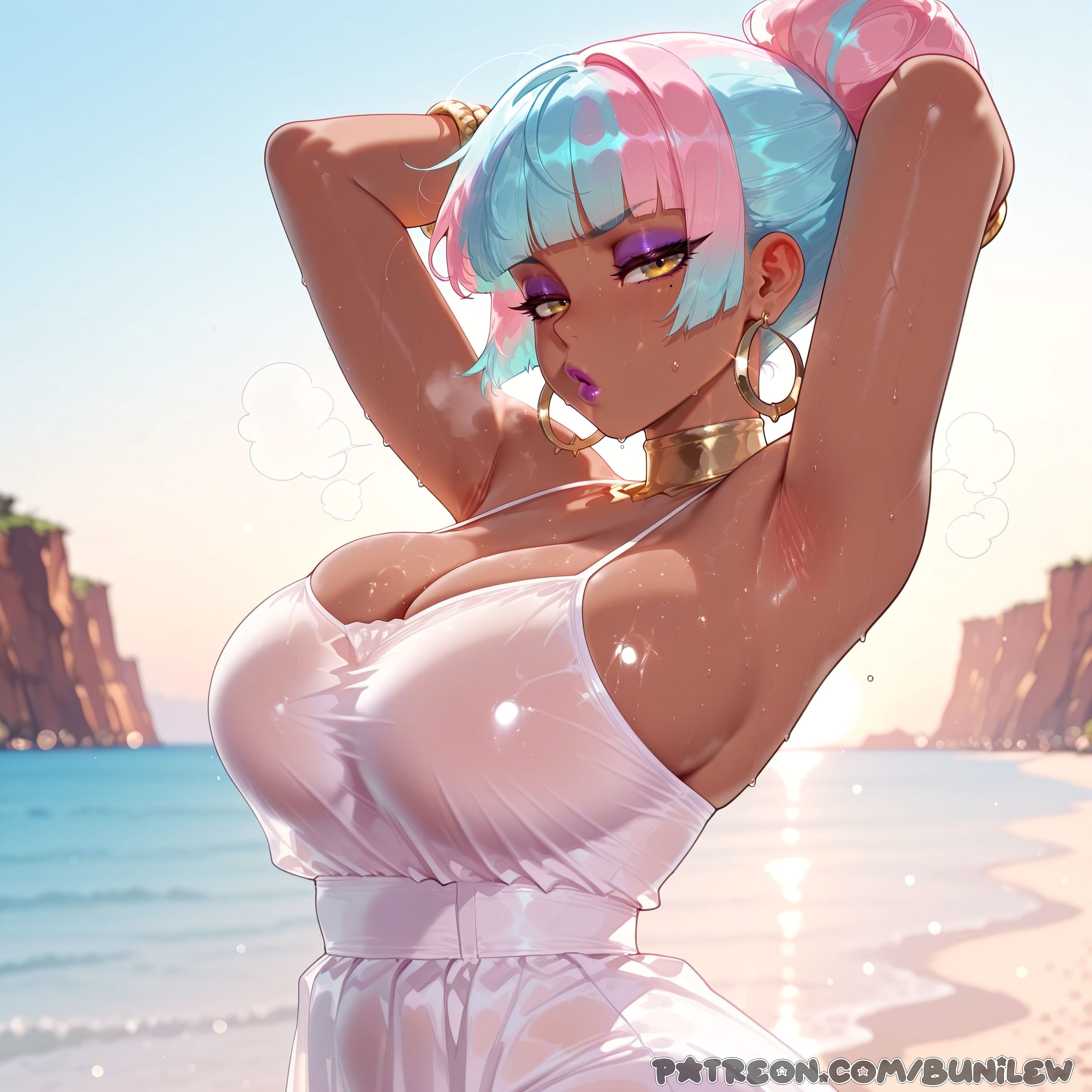 1girl, 1girls, ai generated, blush, breasts, bunilew, camel toe, cameltoe, cleavage, clothed, clothed female, curvy, dark skin, dark skinned female, dark-skinned female, female, female focus, female only, focus, fully clothed, large breasts, league of legends, league of legends: wild rift, nipples, nipples covered, nipples visible through clothing, pussy, qiyana yunalai, sfw, solo, solo female, solo focus, tan, tan body, tan skin, tanlines, tanned, tanned skin, teeth, tight clothes, tight clothing, uncensored