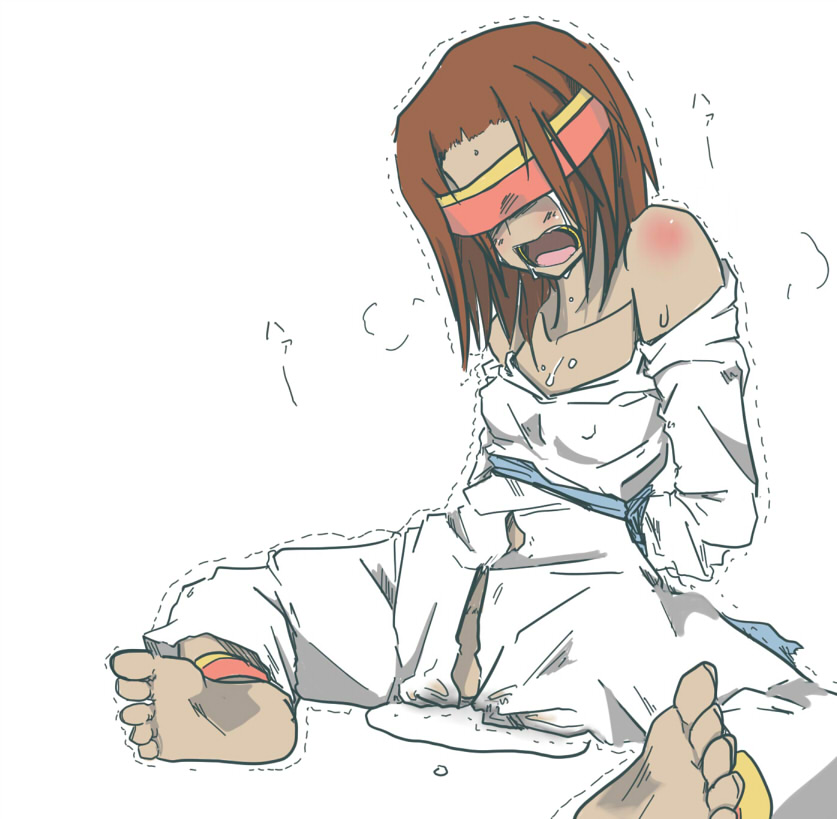 1girls arms_behind arms_behind_back bare_shoulders barefoot blindfold blush body_blush brown_hair cum cum_pool cumpool feet female final_fantasy final_fantasy_tactics final_fantasy_tactics_(original) headband henoeno human kanenaga open_mouth rapha_galthena short_hair solo spread_legs text torn_clothes trembling