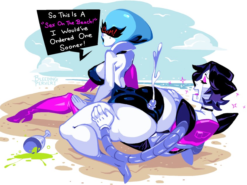 beach, bleedingpervert, buttjob, cumming from buttjob, cumshot, deltarune, mettaton, mettaton ex, queen (deltarune), serial number q5u4ex7yy2e9n (deltarune), undertale, undertale (series)