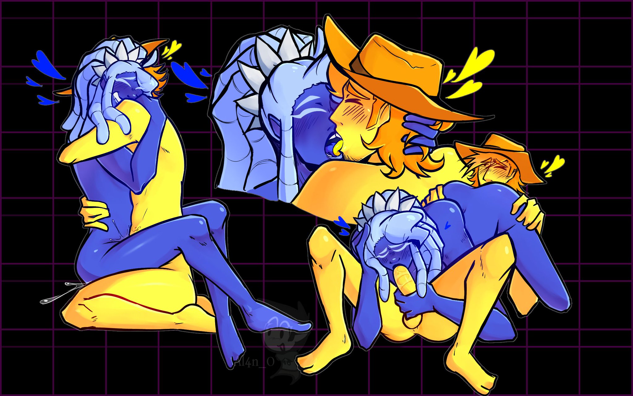 69, 69 position, ambiguous penetration, artist logo, blue (deltarune), canon couple, couple (romantic), cumming, deltarune, deltarune chapter 5, eating ass, gay, gay sex, hand in hair, heart symbol, holding onto partner, holding partner, interracial yaoi, kissing, making love, making out, male, male only, male/male, pattern background, pleasure face, sucking off, sucking penis, yaoi, yellow (deltarune)