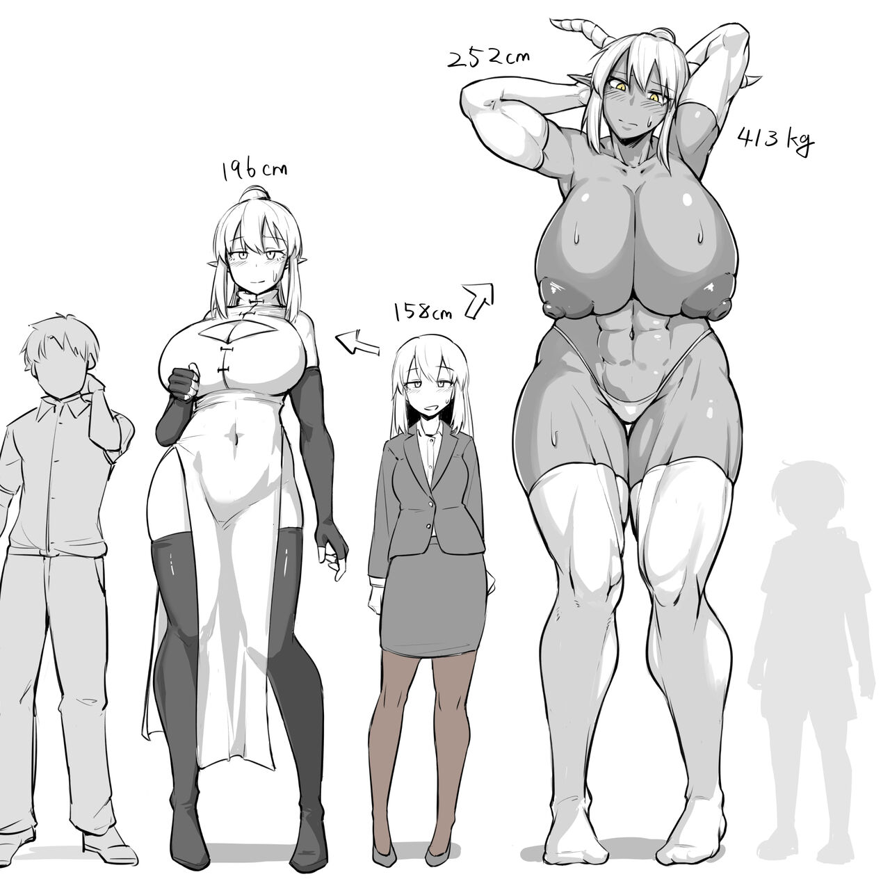 big ass, big boobs, big breasts, big butt, big thighs, black and white, curvy, curvy body, curvy female, curvy figure, height comparison, height difference, highres, huge ass, huge boobs, huge breasts, huge butt, huge thighs, long hair, looking at viewer, manga, manga style, nia0122, short hair, size comparison, size difference, thigh, thigh highs, thighhighs, voluptuous, voluptuous body, voluptuous female