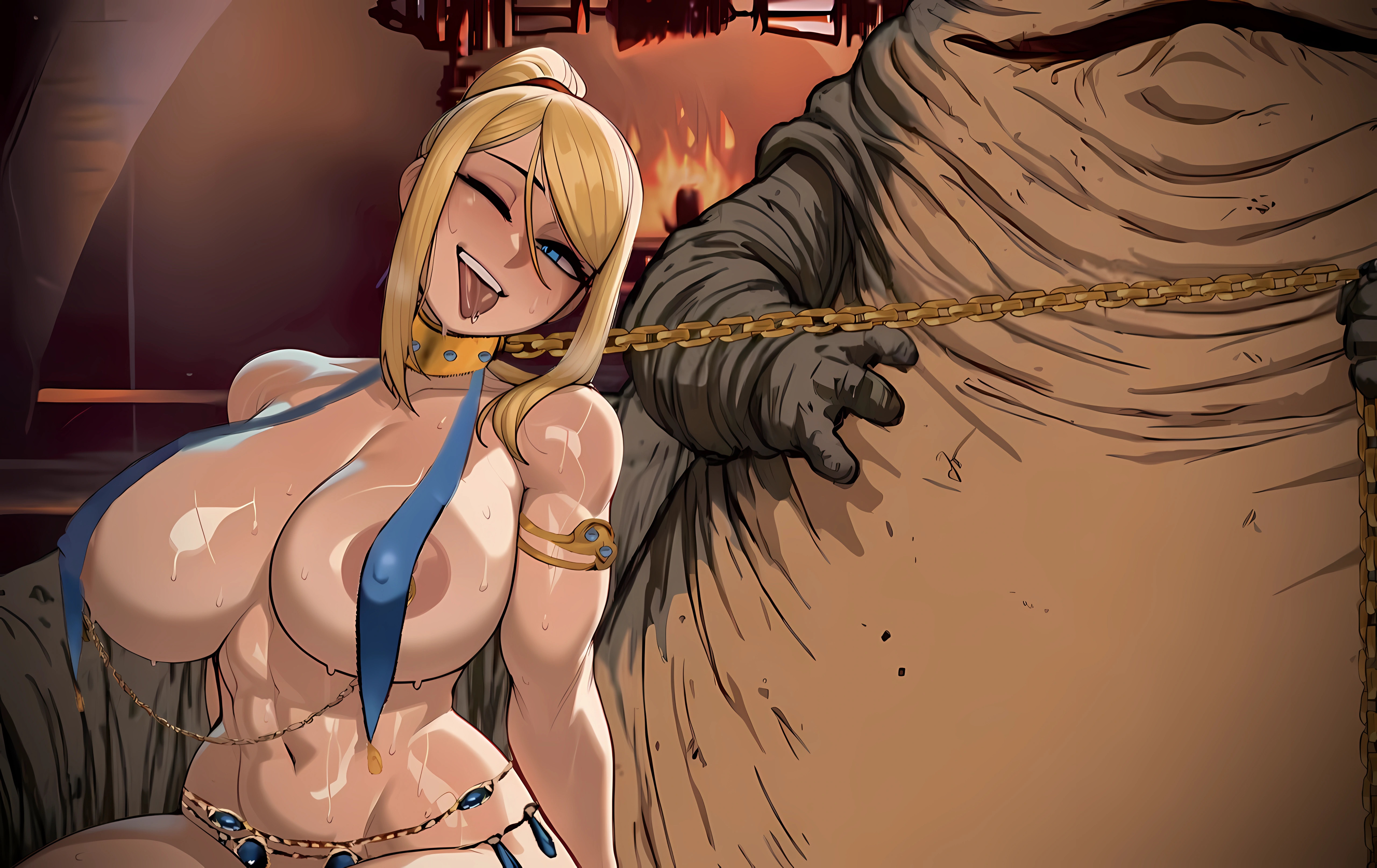 ai generated, blonde hair, blue eyes, blush, broken, chain, chain leash, chains, collar, defeated, defeated heroine, dominant male, domination, edit, edited by uploader, enslaved, gold, gold collar, humiliated, humiliation, jabba the hutt, jabba's palace, leash, masochist, metal collar, metroid, nipple bulge, nipple piercing, nipple rings, ponytail, revealing outfit, samus aran, slave, slave collar, slave girl, slave outfit, star wars, submissive female, third-party edit