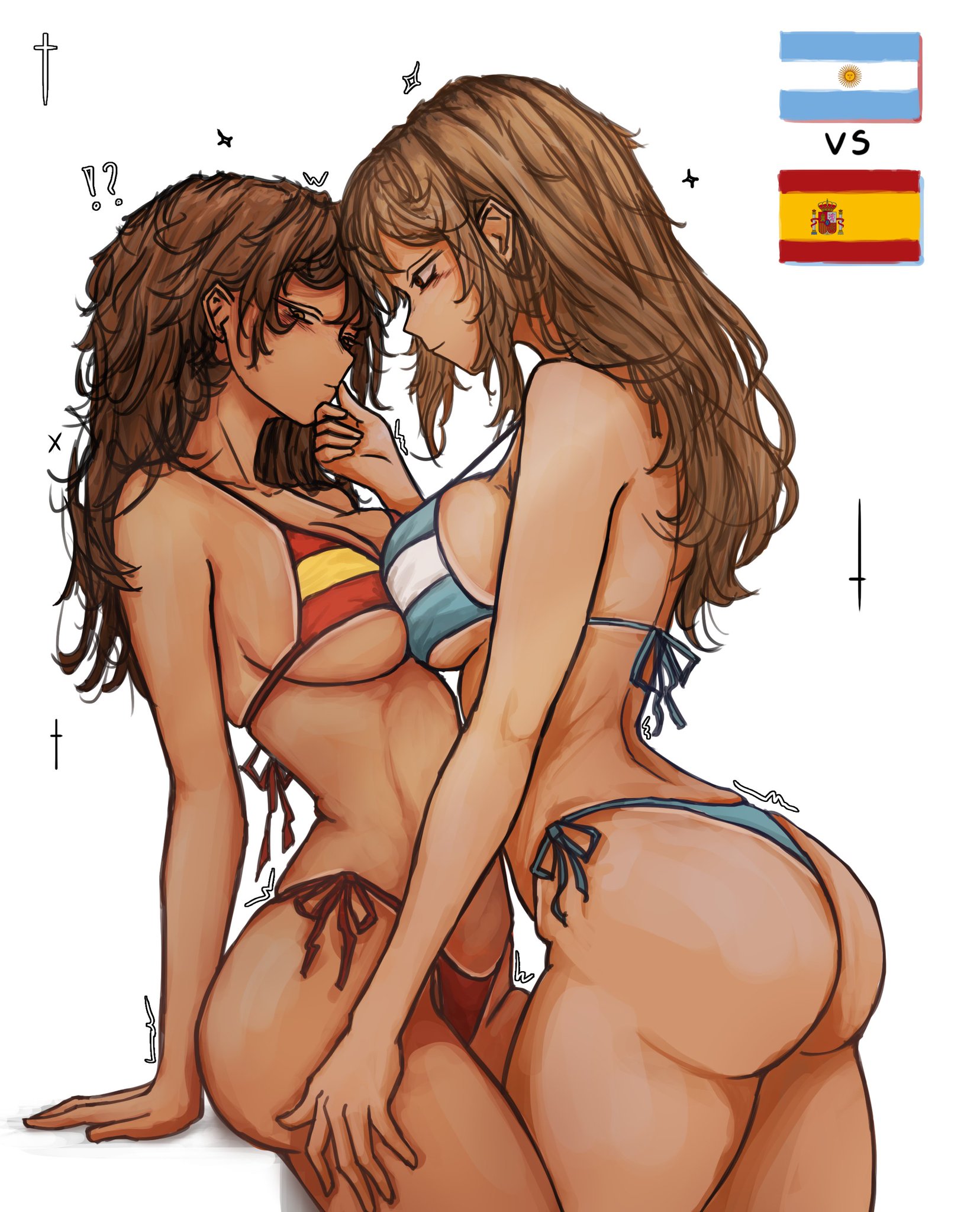 2026 fifa world cup, 2d, 2d artwork, 2girls, aku exe, argentina, argentina (countryhumans), argentine flag, argentinian flag bikini, bikini, countryhumans, countryhumans girl, countrypersons, female, female only, female/female, fifa, flag bikini, holding face, holding head, holding leg, humanized country, national personification, simple background, spain, spain (countryhumans), spanish flag, spanish flag bikini, tagme, tagme (artist), white background, world cup, yuri
