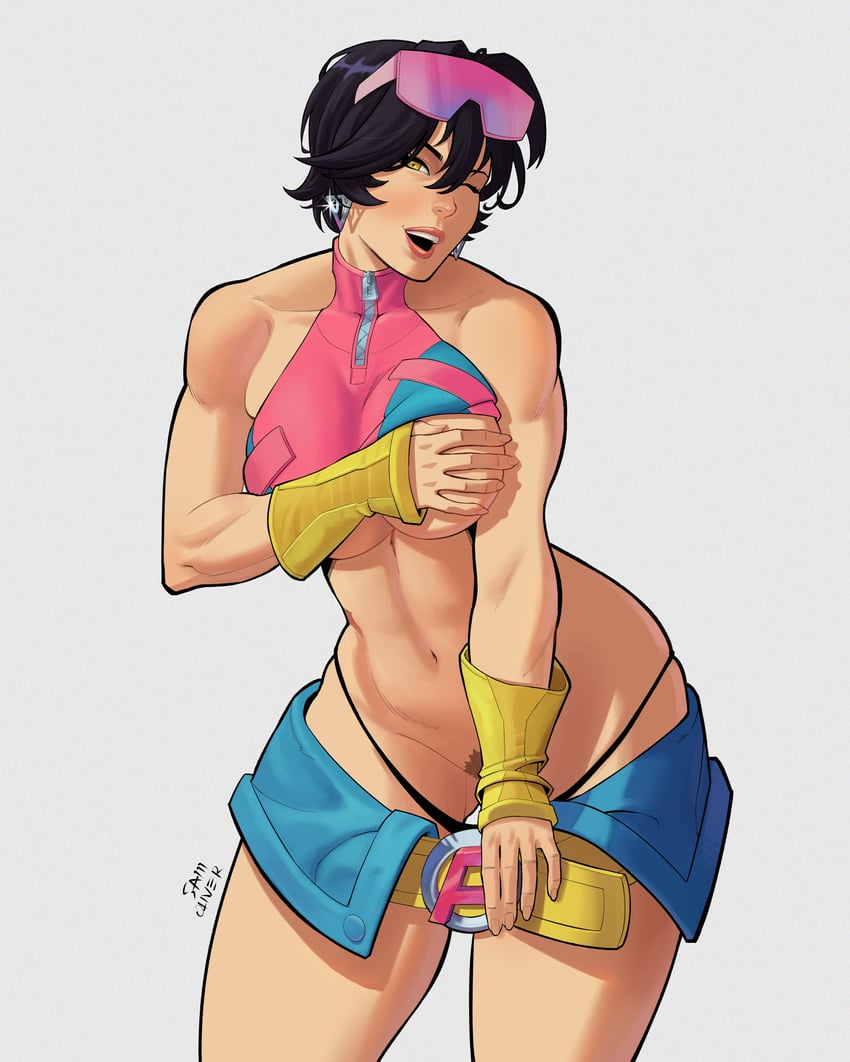2026, 2d, 2d (artwork), 2d artwork, abdomen, abs, asian, bare shoulders, barely clothed, big breasts, black hair, black thong, breasts, covering breasts, covering privates, curvaceous, curvaceous body, curvaceous female, curvaceous figure, curves, curvy, curvy body, curvy female, curvy figure, curvy hips, earrings, eyewear on head, feet out of frame, gloves, happy, jewelry, jubilee, jubilee (marvel rivals), light skin, light-skinned female, lips, lipstick, looking at viewer, loose clothes, marvel, marvel comics, marvel rivals, mutant (marvel), muukitta, navel, netease games, one eye closed, open clothes, open fly, open shorts, pink clothing, pink lipstick, pink-tinted eyewear, pubic hair, pulling own clothes, revealing clothes, short hair, shorts, signature, smile, solo, thick hips, thick thighs, thighs, thong, tinted eyewear, upper teeth only, video games, wide hips, yellow belt, yellow bracelet, yellow eyes