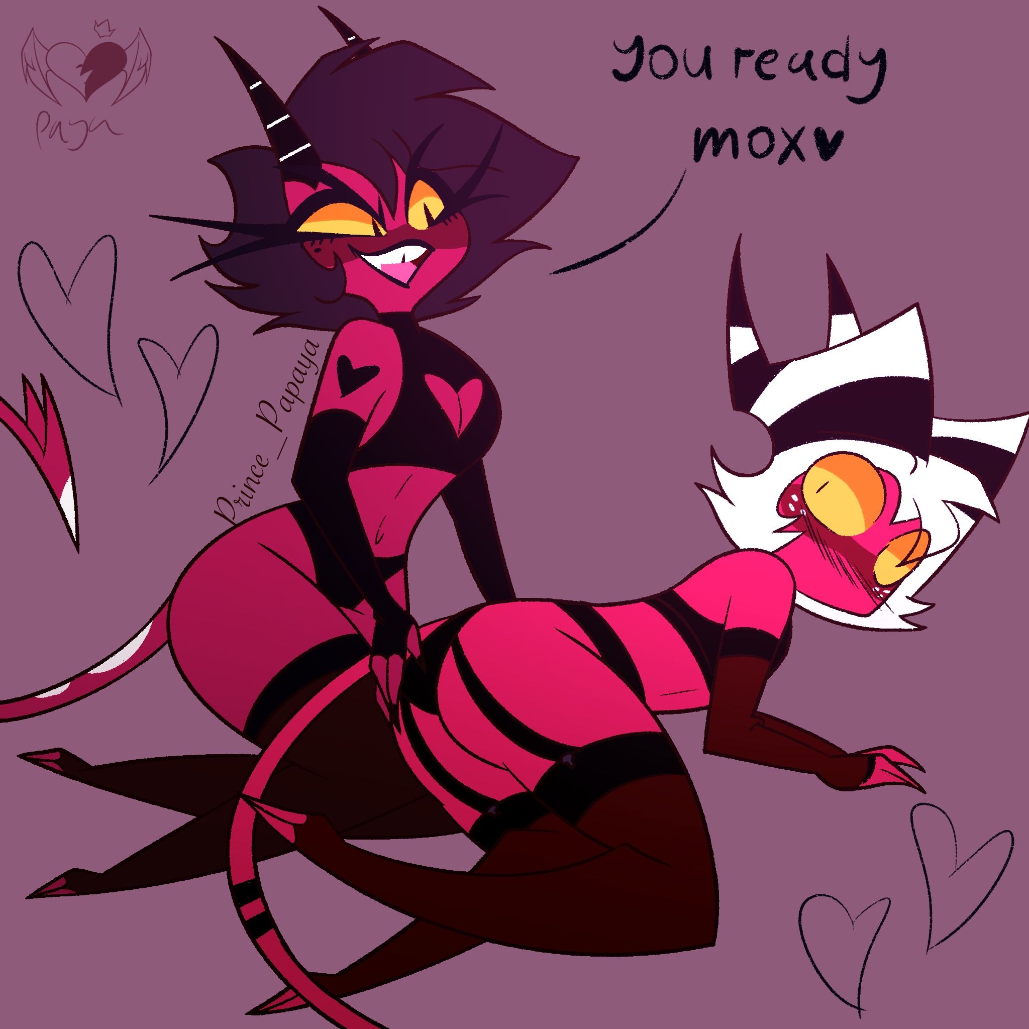 female, femboy, femboy on female, helluva boss, lingerie, millie (helluva boss), moxxie (helluva boss), prince papaya, sexy, tagme