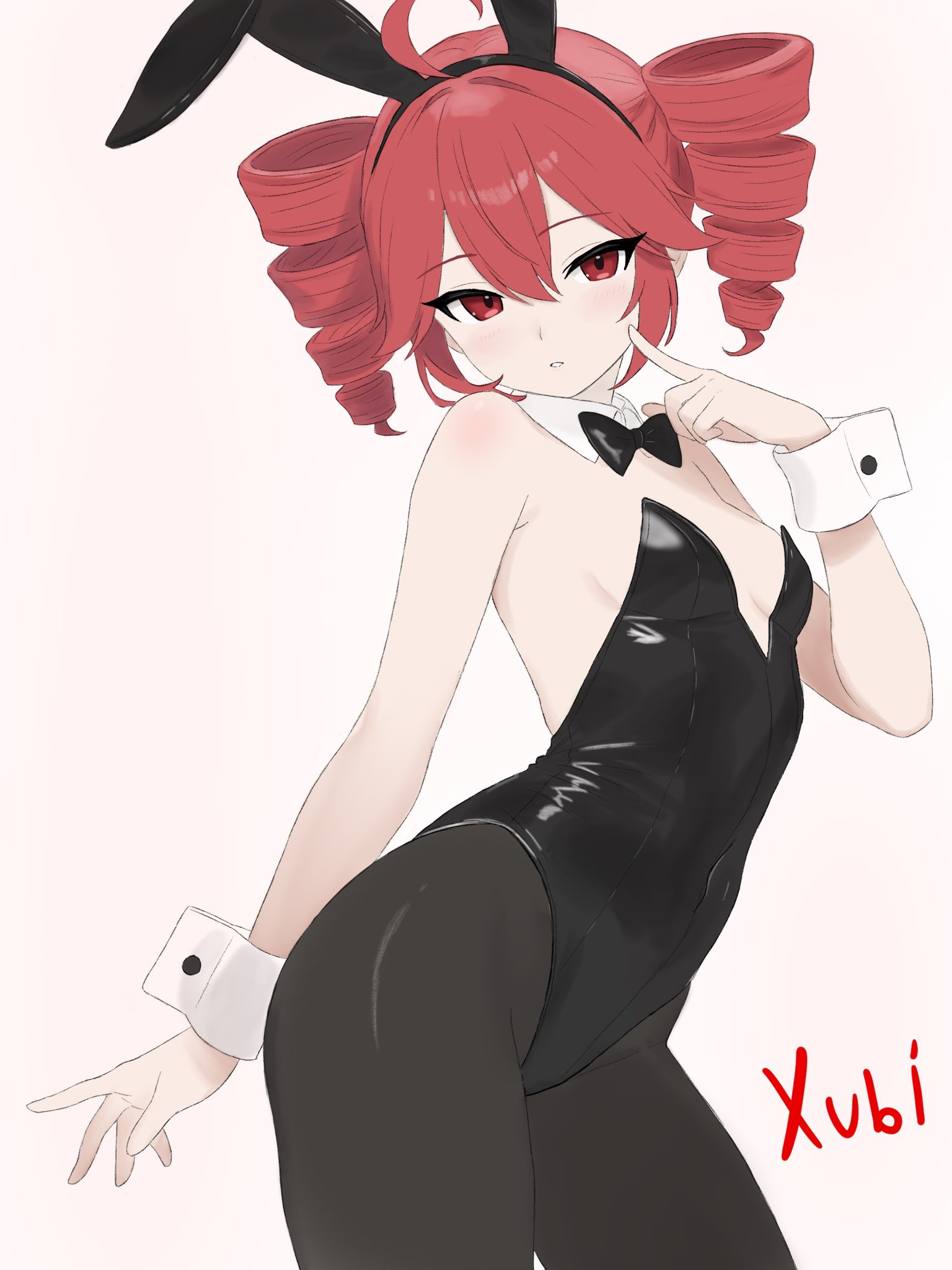 1girls, 2d, 2d (artwork), artist request, ass, belly, bow, breasts, bunny ears, bunny girl, bunnysuit, cleavage, detached collar, detached cuffs, eyelashes, female, female only, finger to cheek, finger to face, girly, girly pose, kasane teto, latex, latex leotard, leotard, looking at viewer, midriff, navel, navel visible through clothes, pantyhose, petite, petite body, petite female, pose, posing, red eyes, red hair, shiny latex, simple background, skinny, skinny female, slim girl, slim waist, small breasts, solo, solo female, thighs, tight clothing, twin drills, utau, white background