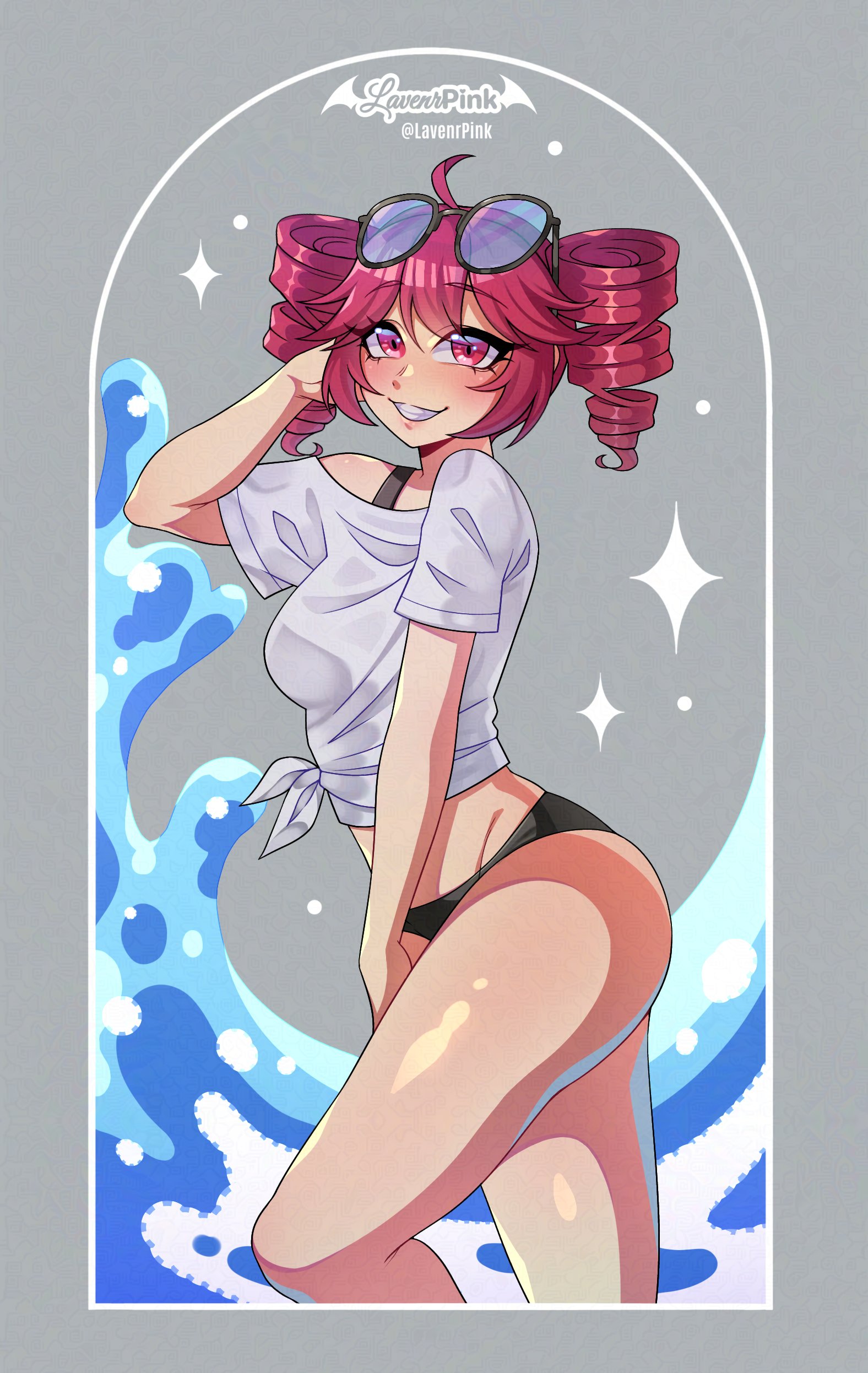 1girls, 2d, 2d (artwork), ahoge, artist logo, artist name, artist request, ass, belly, big ass, big thighs, bikini, bikini bottom, blush, blushing, blushing female, bra, bra strap, breasts, curvaceous, curvy, curvy female, curvy figure, eyelashes, female, female only, grey background, hand on head, kasane teto, large ass, large thighs, lips, looking at viewer, medium breasts, pose, posing, red eyes, red hair, shiny skin, shiny thighs, shirt, simple background, slim waist, smile, smiling at viewer, solo, solo female, sunglasses, sunglasses on head, thick thighs, thighs, tied shirt, twin drills, utau, water, wide hips