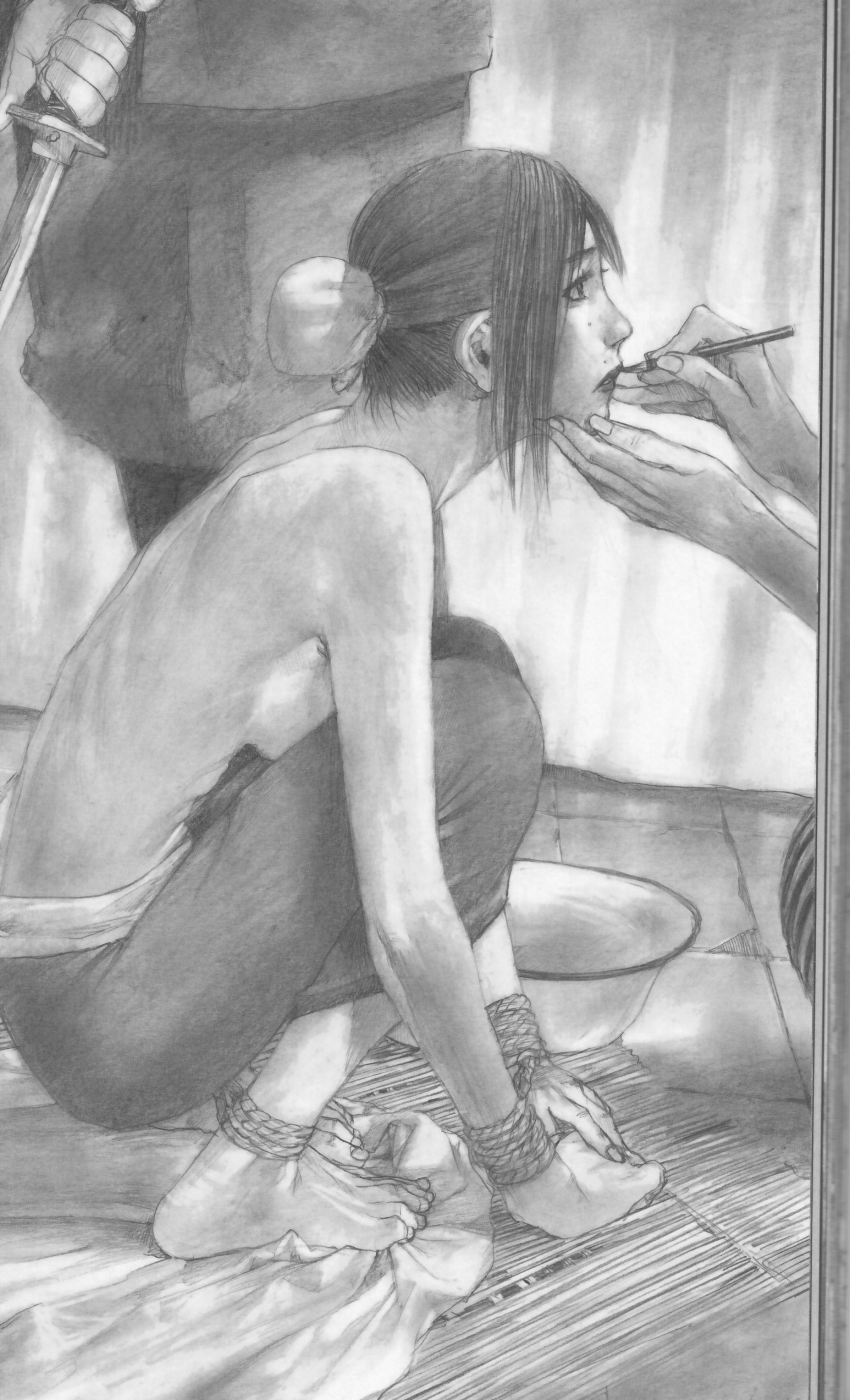 barefoot, bondage, bound arms, bowl, breasts, female, femsub, highres, hiroaki samura, lipstick, make up, makeup, medium breasts, monochrome, pants, realistic, rope, short hair, sideboob, sitting, sword, toes, topless, traditional media, weapon