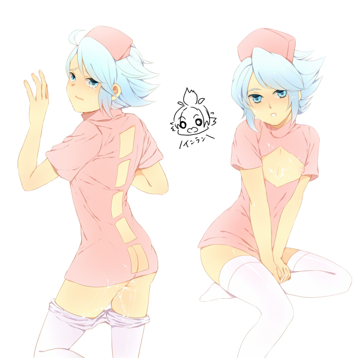 1boy arched_back blue_eyes blush crossdressing cum cum_on_body cum_on_leg cum_on_lower_body female femboy gay girly inazuma_eleven inazuma_eleven_(series) male male_only nurse solo_focus suzuno_fuusuke tagme thighhighs trap white_hair yaoi