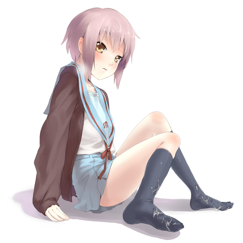 a-ka black_legwear black_socks blush brown_eyes brown_hair cardigan cum cum_on_body cum_on_feet cum_on_lower_body feet female footwear grey_hair kneehighs nagato_yuki school_uniform short_hair silver_hair sitting skirt socks solo suzumiya_haruhi_no_shoushitsu suzumiya_haruhi_no_yuuutsu sweat