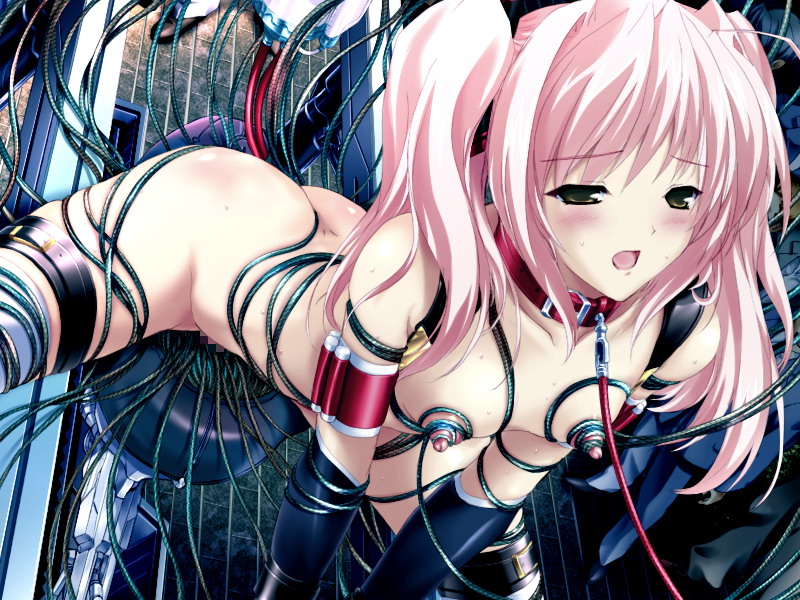 1girls arched_back blush bondage breasts censored choukou_(alicesoft) choukou_sennin_haruka collar female femsub game_cg leash machine nipples onigirikun pink_hair rape restrained sex_machine shihoudou_narika small_breasts solo spiral tied_hair twintails wire wires