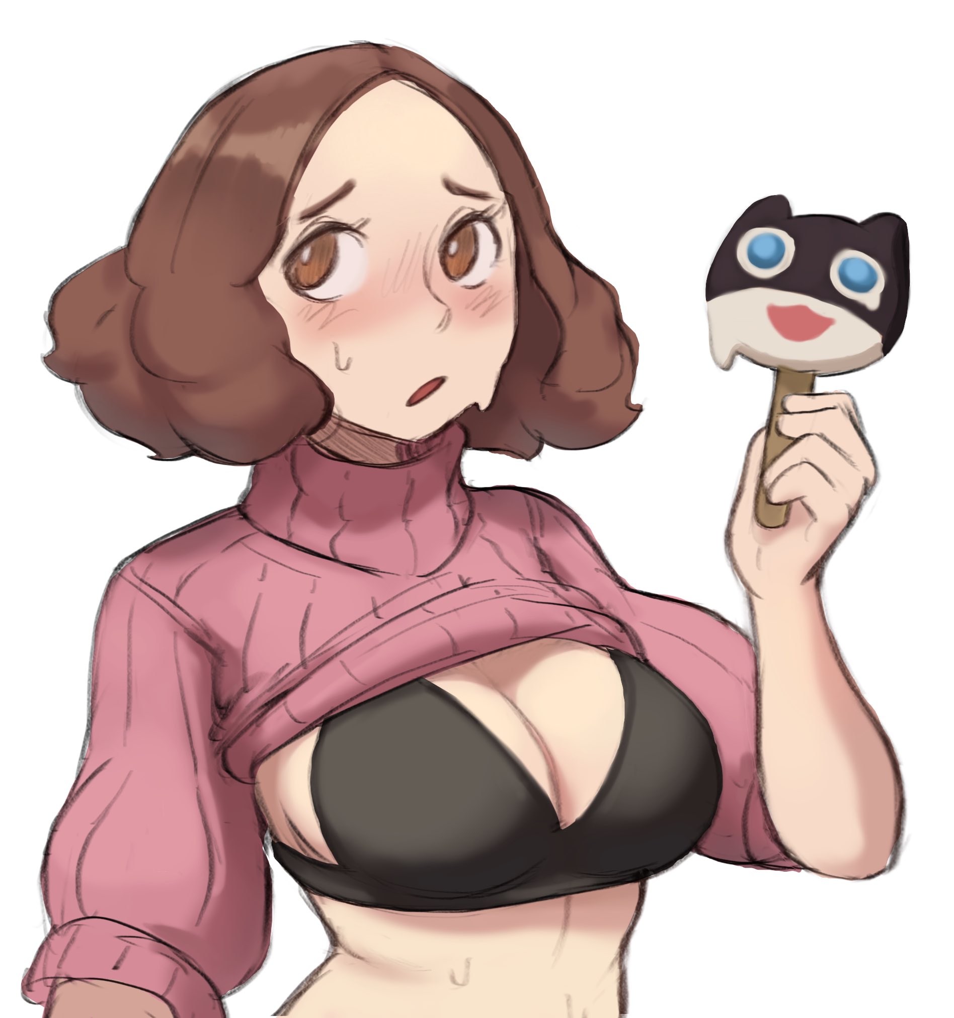 blush, bra, breasts, brown eyes, brown hair, clothes lift, commentary, english commentary, fluffy hair, food, haru okumura, heavy breathing, hexlaze, highres, hot, large breasts, melting popsicle, morgana (persona), persona, persona 5, pink sweater, popsicle, sweat, sweatdrop, sweater, sweater lift, underwear, upper body, white background