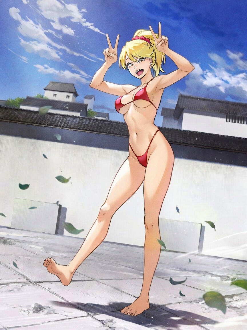 1girl, bare shoulders, bikini, bleach, blonde hair, blue sky, breasts, brown eyes, cloud, feet, female focus, full body, hands up, large breasts, leaf, naru jurinna, navel, official art, open mouth, outdoors, ponytail, red bikini, scrunchie, sky, solo, solo focus, swimsuit, tagme, teeth, third-party edit, tongue, upper teeth only, v, wide sleeves