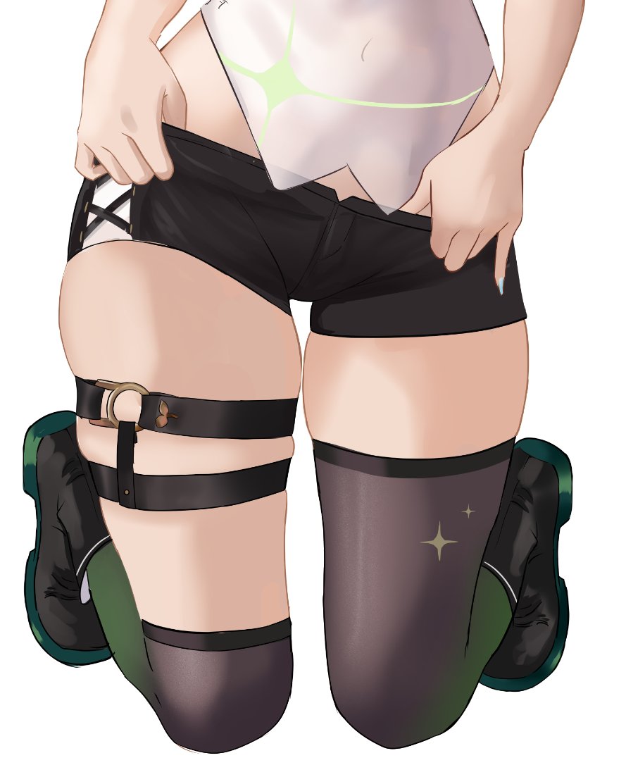 1girls, 2026, 2d, 2d (artwork), clothed, clothing, estebaneishon1, female, female only, front view, indie virtual youtuber, legs, light skin, light-skinned female, low-angle view, meica, short, short shorts, simple background, solo, thick thighs, thighs, virtual youtuber, vtuber, white background