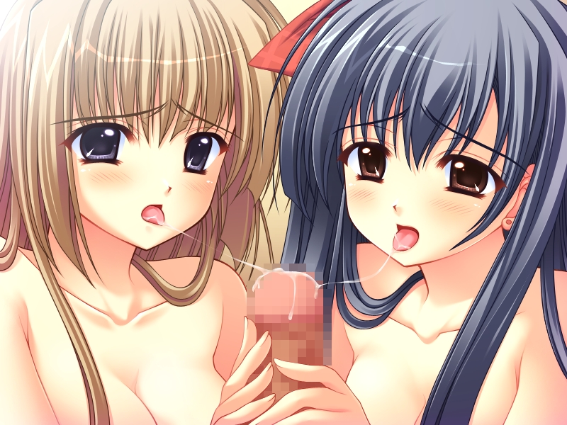 2_on_1 2girls black_hair brown_eyes brown_hair cum cum_string double_handjob fellatio game_cg gray_eyes grey_eyes handjob long_hair multiple_girls oral penis