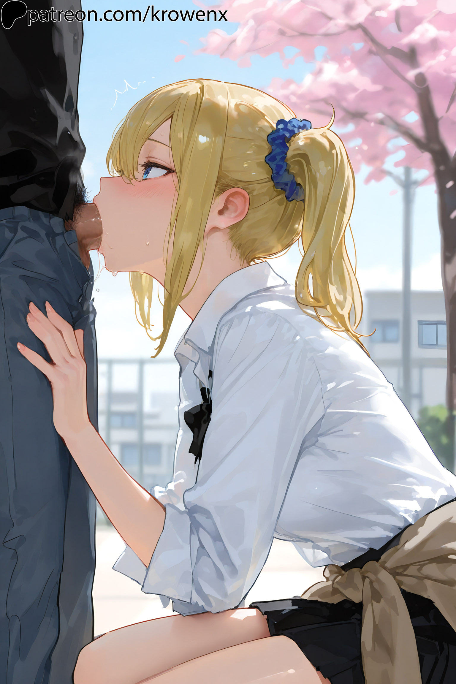 1girls, ai generated, blonde hair, blowjob, blue eyes, blush, deepthroat, fellatio, female, female focus, from side, hayasaka ai, kaguya-sama wa kokurasetai ~tensai-tachi no renai zunousen~, krowenx, oral, oral sex, penis, penis in mouth, side ponytail, sidelocks, sucking, sucking penis, thighs, uncensored
