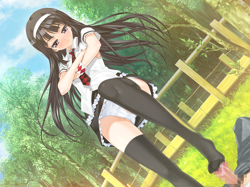 1boy black_hair blush byakudan_midori censored feet female footjob game_cg happoubi_jin human kanojo_x_kanojo_x_kanojo male panties penis precum shiki_haruomi skirt straight underwear