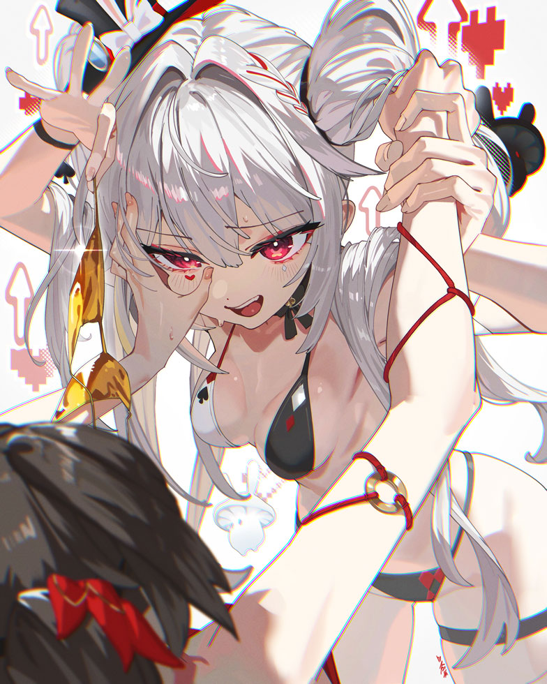 2girls, arm straps, bare shoulders, bikini, bikini bottom, bikini top, blush, blushing, braided hair, breasts, brown hair, catfight, diamond mark, fighting, fighting back, forced clothes wearing, golden bikini, golden bikini top, grabbing hair, hair between eyes, hair intakes, hair vents, hand on arm, hand on face, hat, heart, heart mark, hearts, hips, holding back, holding bikini, holding bikini top, holding clothing, honkai (series), honkai: star rail, hoyoverse, lesbian, long hair, long nails, marking below eyes, micro bikini, midriff, mouth open, painted nails, petite, petite body, pinned, pinned down, pinning down, pulling hair, rabbit ears, red string, resisting, ribbon, sco ttie, scottie (phantom2), small breasts, spade symbol, sparkle (honkai: star rail), sparxie (honkai: star rail), standing, sweat, sweating, swimsuit, swimwear, teeth, thick thighs, thigh strap, thighs, tongue, twin tails, up arrow, white hair, wide hips, wristband, yuri