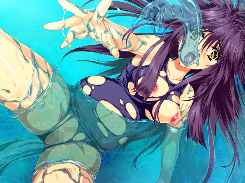 all_the_way_through breasts censored creature_inside inflation insertion large_insertion long_hair monster nipples purple_hair slime slime_inflation slime_monster stomach_bulge swimsuit tamiya_akito torn_clothes yellow_eyes zanjibaru