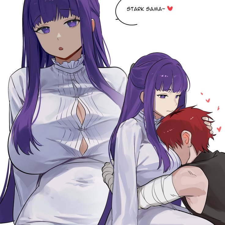 belly button visible through clothing, blushing, bob cut, breasts out of clothes, breasts squeezed together, caressing head, couple, couple (romantic), face in breasts, fern (sousou no frieren), frieren beyond journey's end, huge breasts, hugging, hugging partner, large breasts, long hair, nia (nia4294), nia4294, open shirt, purple eyes, purple hair, sfw, sousou no frieren, stark (sousou no frieren), tagme
