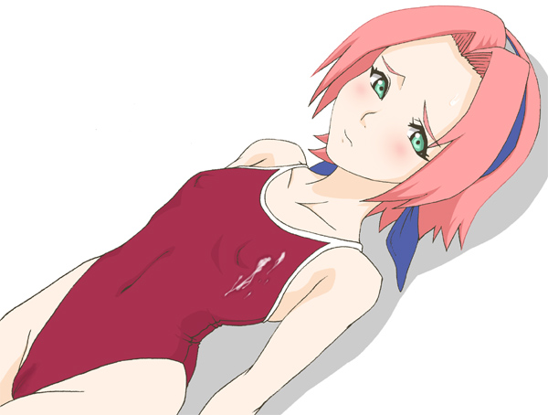 blush cameltoe cum cum_on_clothes female flat_chest green_eyes human karsarutobi_asumaru naruto naruto_(classic) one-piece one-piece_swimsuit pink_hair sakura_haruno shadow short_hair solo swimsuit young