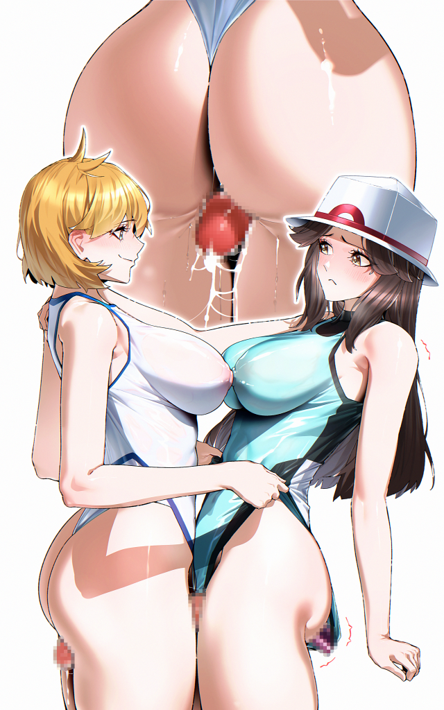 2girls, ass, brown hair, bucket hat, clothes pull, dildo, futa with female, futanari, futasub, hat, highleg, highleg one-piece swimsuit, huge penis, kasumi (pokemon), leaf (pokemon), long hair, misty (pokemon hgss), misty (pokemon), multiple girls, natural wedgie, nintendo, nipple-to-nipple, object insertion, one-piece swimsuit, one-piece swimsuit pull, orange hair, penis, pokemon, sex toy, smile, swimsuit, tamamoice, thigh sex, thighs, vibrator, vibrator under clothes, wedgie