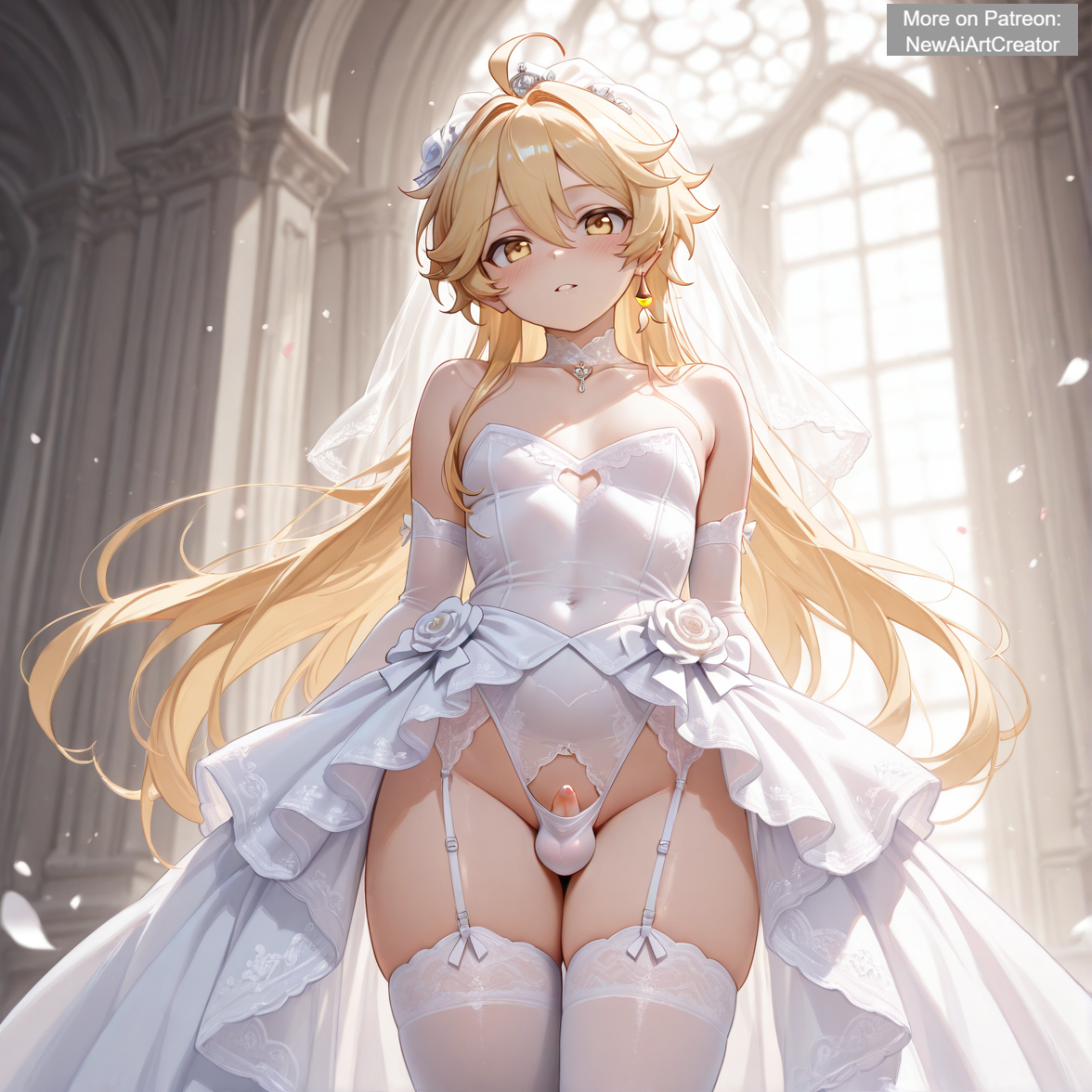 aether (genshin impact), ai generated, exposed, exposed penis, femboy, femboy focus, femboy only, feminine, feminine body, feminine faced male, feminine male, feminization, genshin impact, hoyoverse, penis, penis out, small penis, tiny penis, wedding, wedding dress, wedding veil