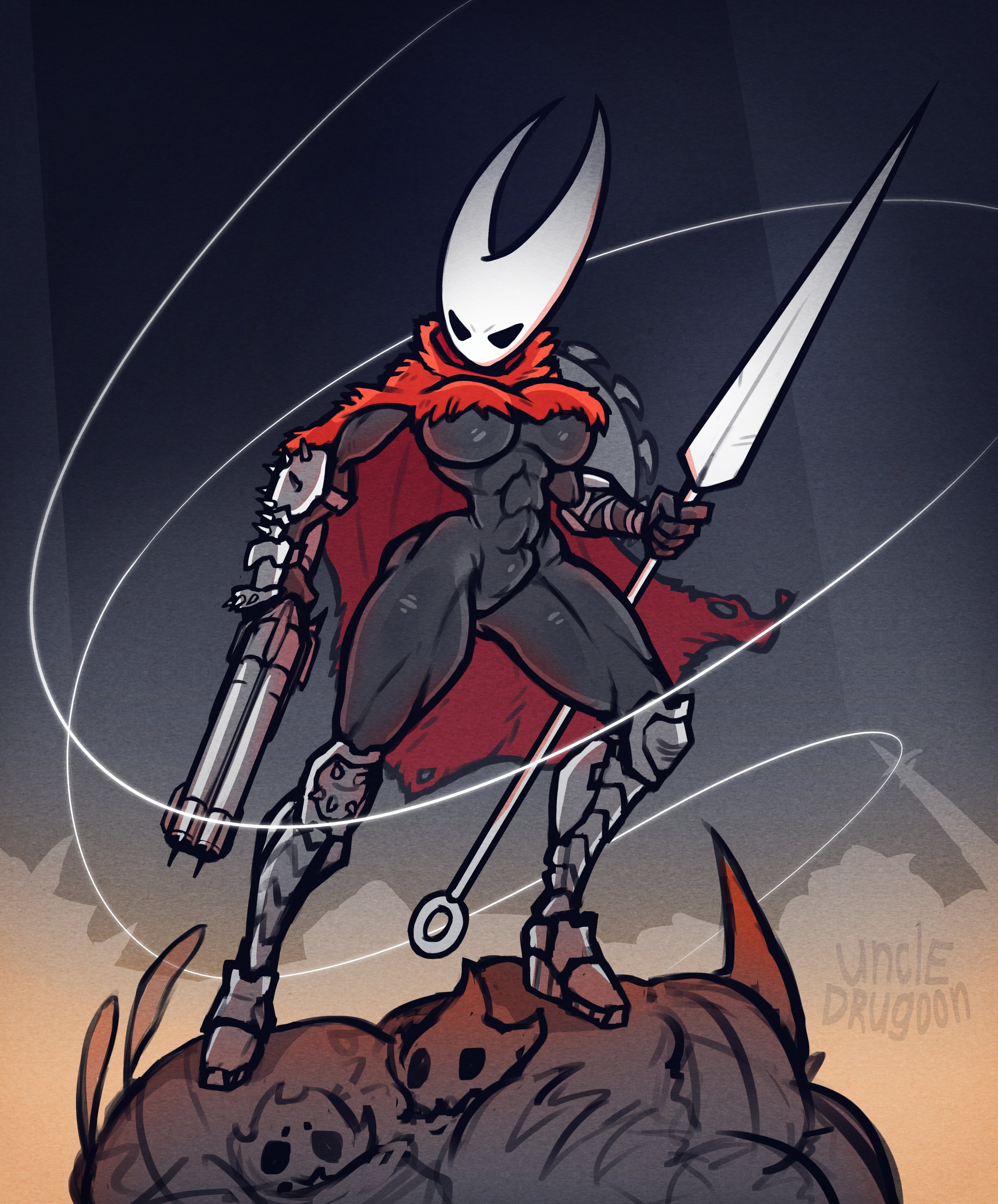 1girls, 2 horns, bug, bug girl, clothing lift, crossover, doom, doom the dark ages, female, female only, holding object, holding weapon, hollow knight, hollow knight (franchise), hollow knight: silksong, hornet (hollow knight), tagme, team cherry, uncledrugoon, weapon, white head