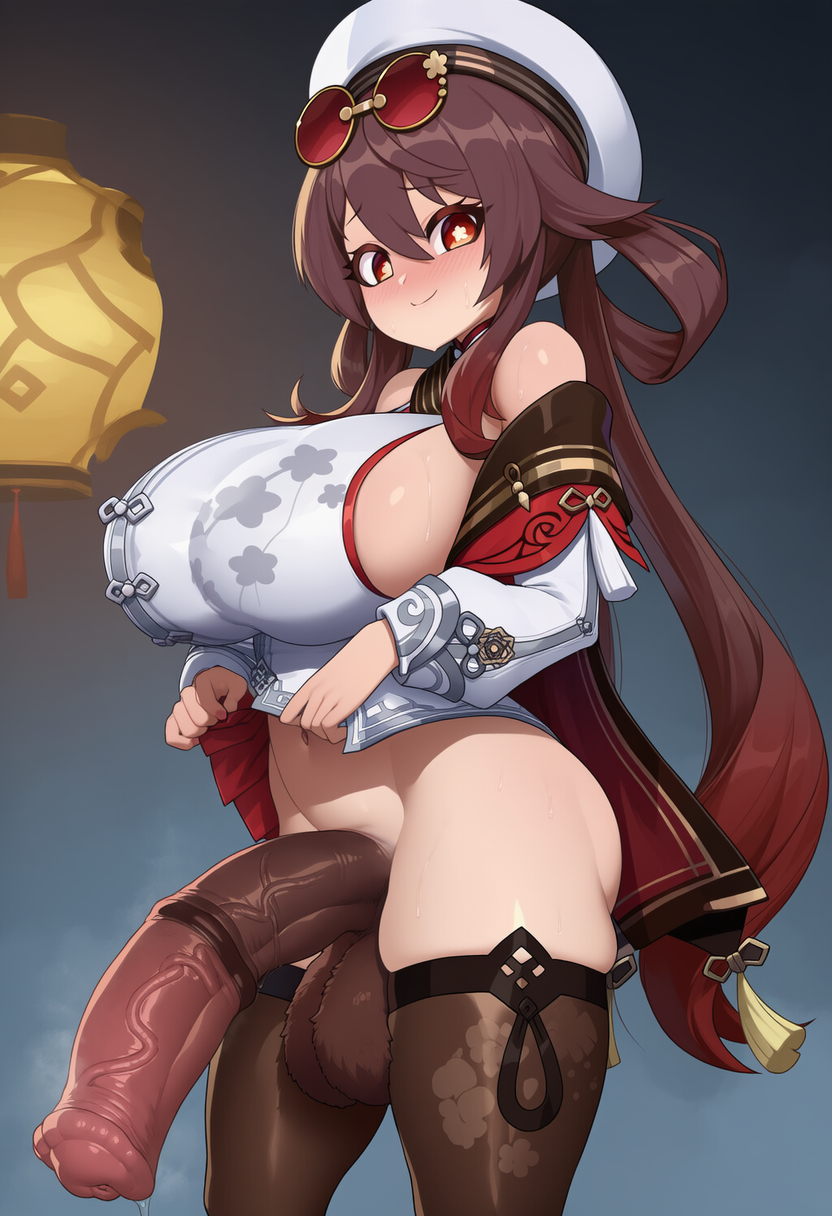 1futa, ai assisted, ai generated, altra x, beret, blush, breasts, equine penis, futa only, futanari, genshin impact, horsecock, hu tao (cherries snow-laden) (genshin impact), hu tao (genshin impact), huge breasts, huge cock, light-skinned futa, looking at viewer, penis, round glasses, sideboob, smile, solo, standing