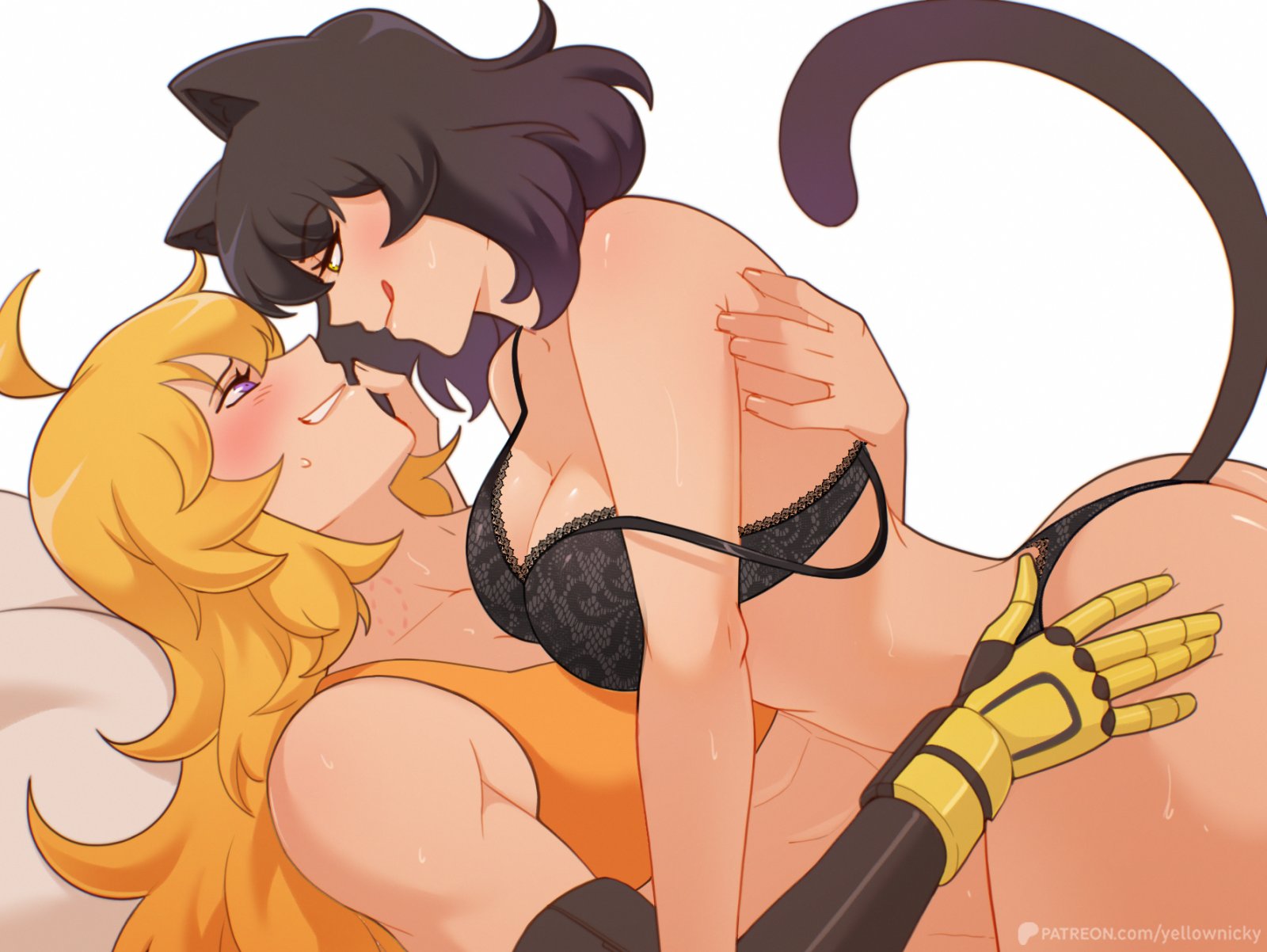 2girls, black hair, blake belladonna, blonde hair, cat ears, lesbian, lesbian couple, rwby, yang xiao long, yellow nicky (artist), yuri